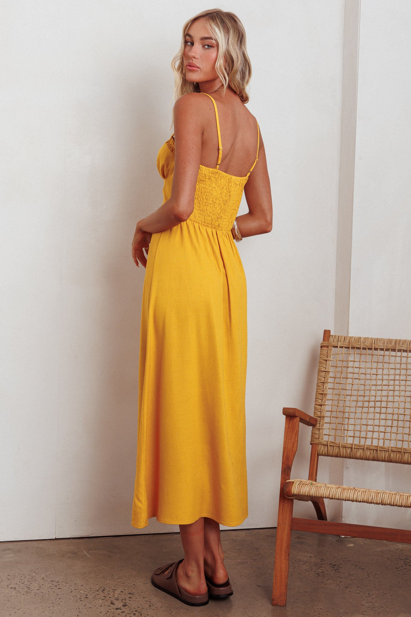 Back Together Button Front Midi Dress Marigold by Selfie Leslie
