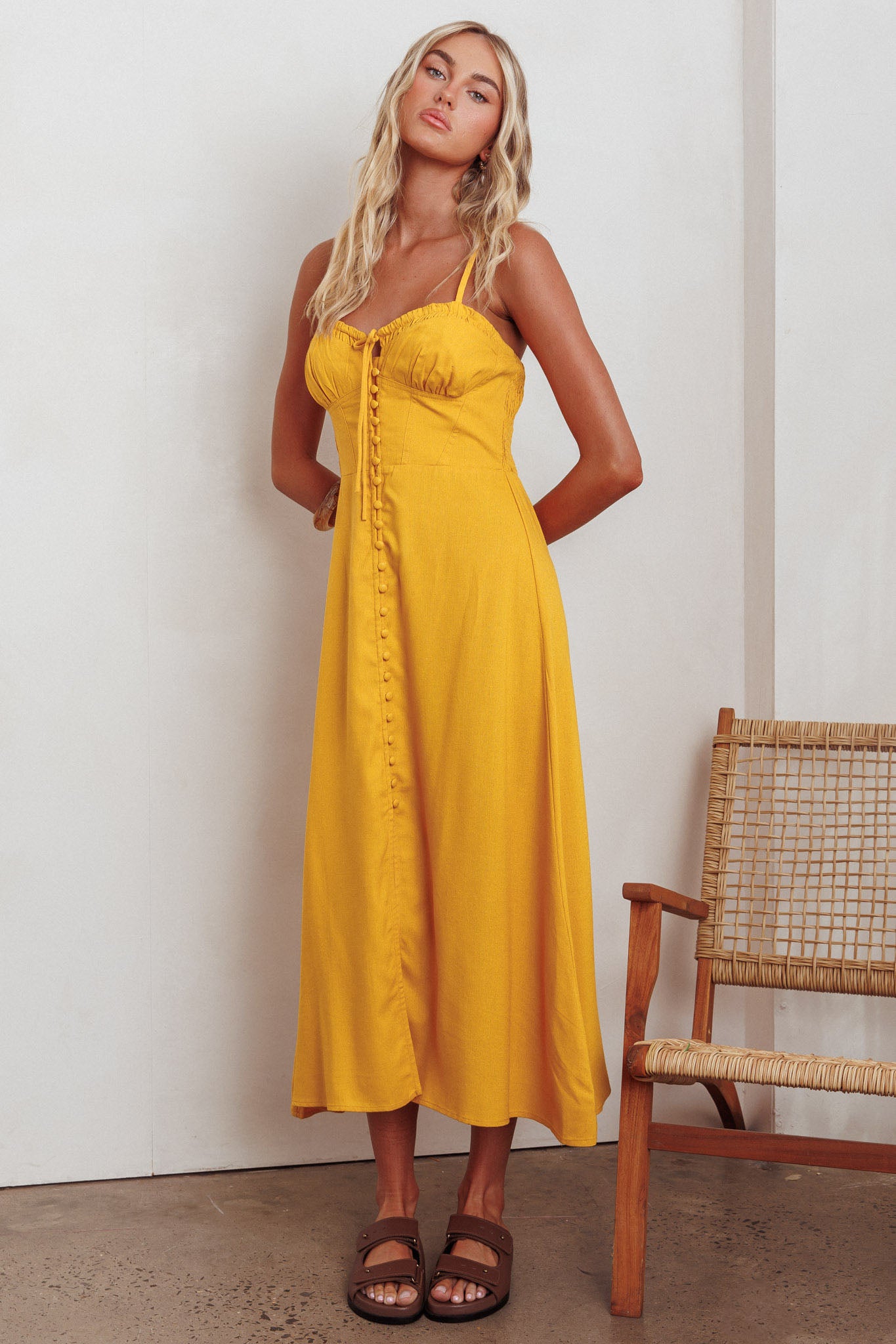 Back Together Button Front Midi Dress Marigold by Selfie Leslie