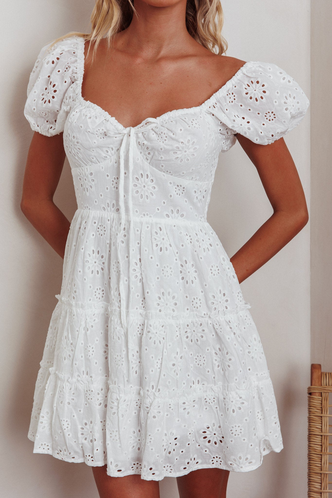 Home Sweet Home Eyelet Mini Dress White by Selfie Leslie