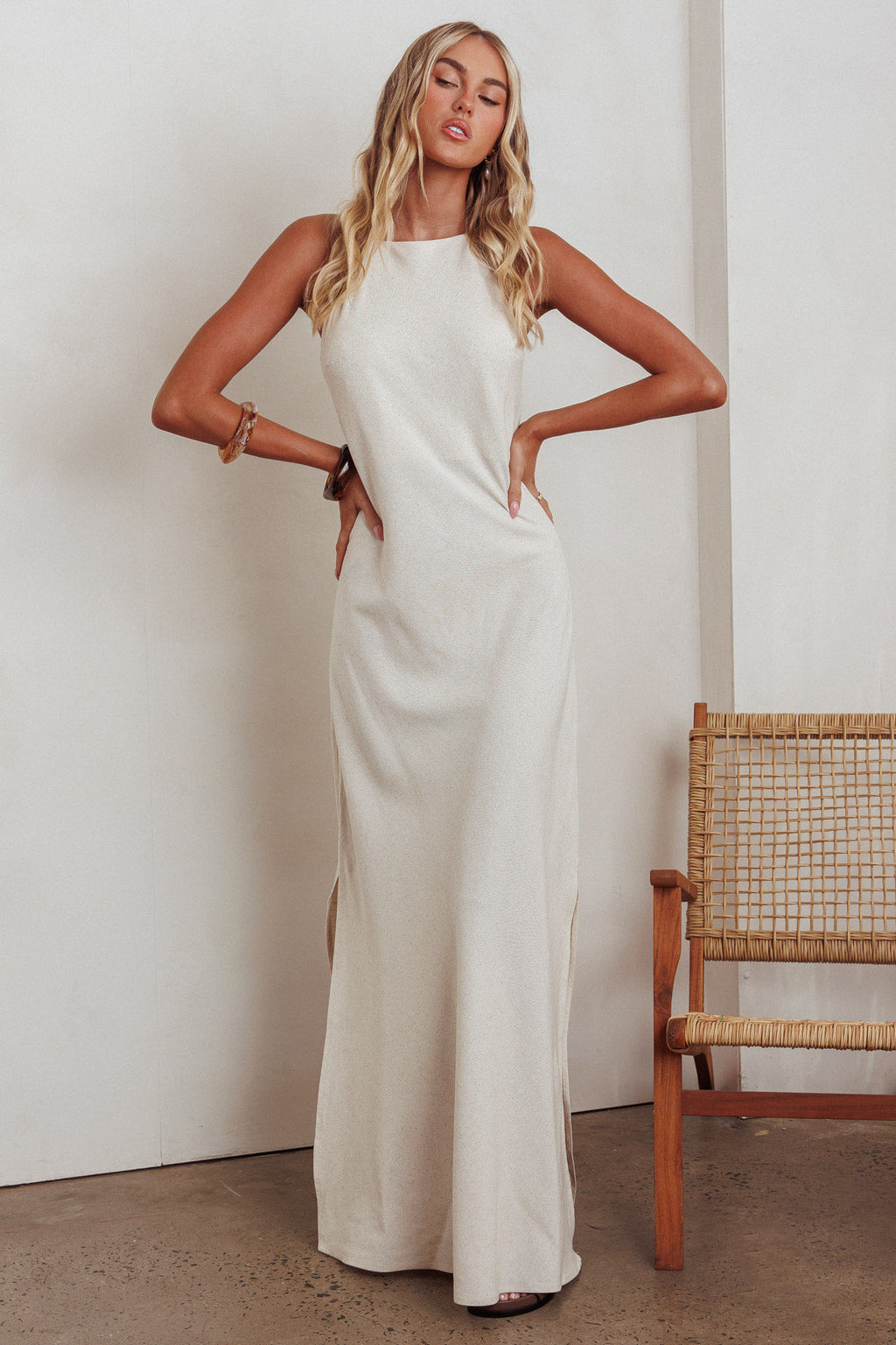Gracie Halter Tied Back Maxi Dress Oatmeal by Selfie Leslie