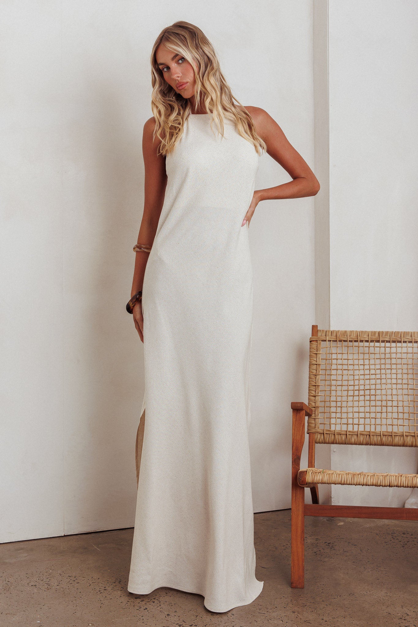Gracie Halter Tied Back Maxi Dress Oatmeal by Selfie Leslie