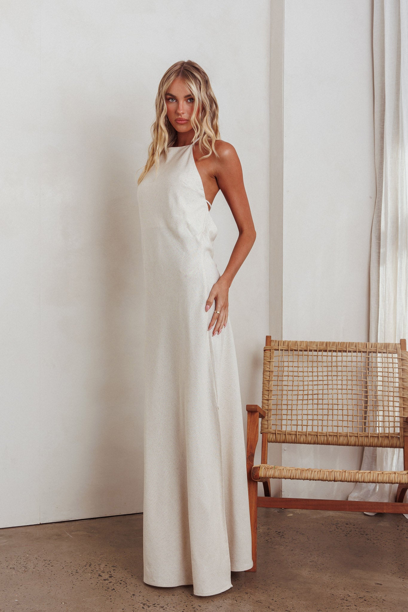 oatmeal maxi dress Gracie Halter Tied Back Maxi Dress Oatmeal