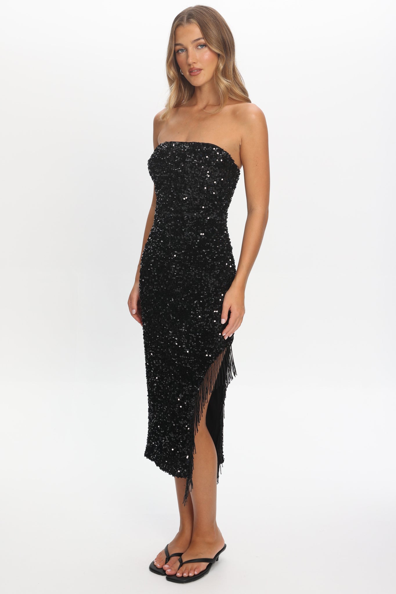 Events Tassel Trim Midi Dress Sequin Black Events Tassel Trim Midi Dress Sequin Black