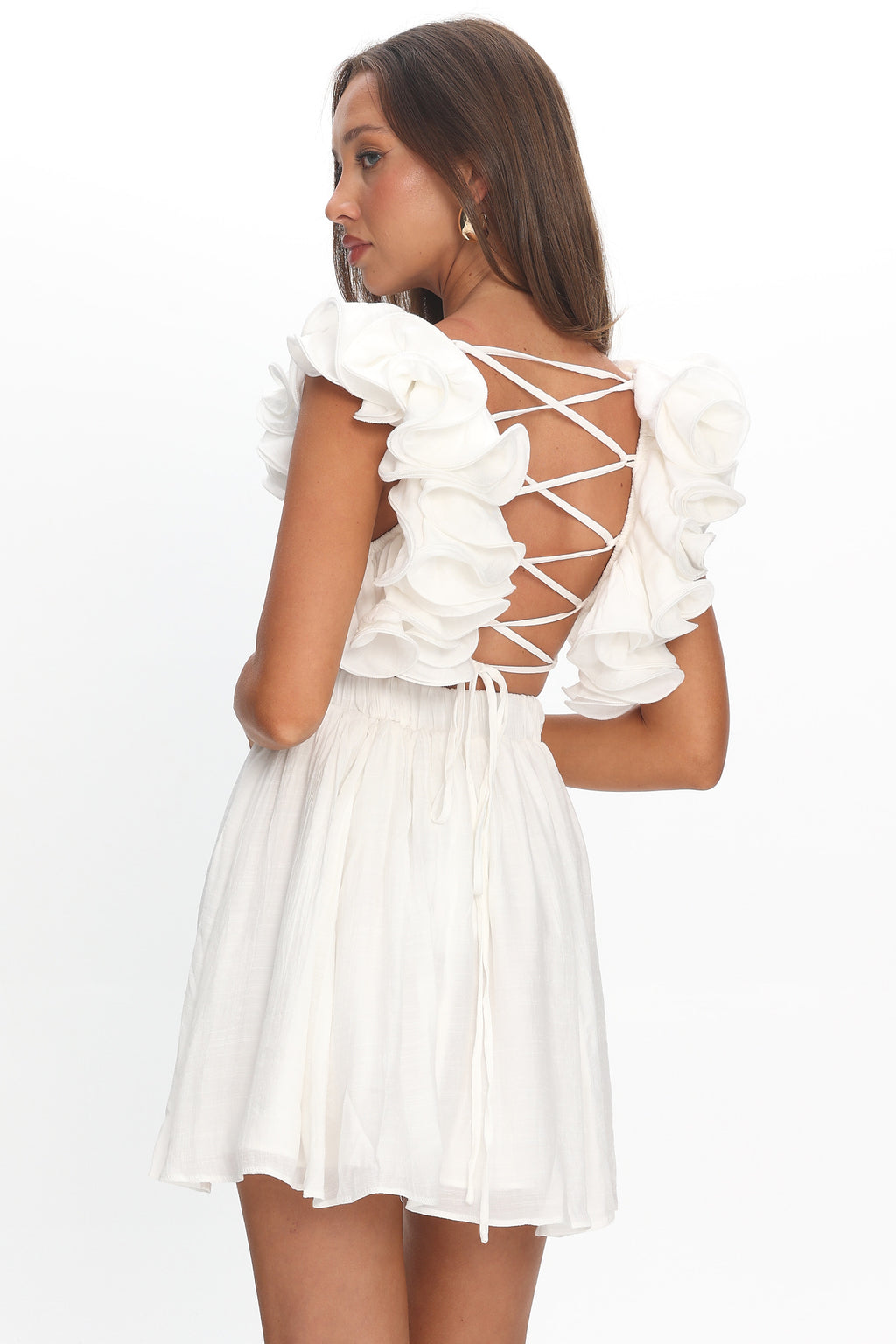 Adagio Lace-Up Back Mini Dress Off White by Selfie Leslie