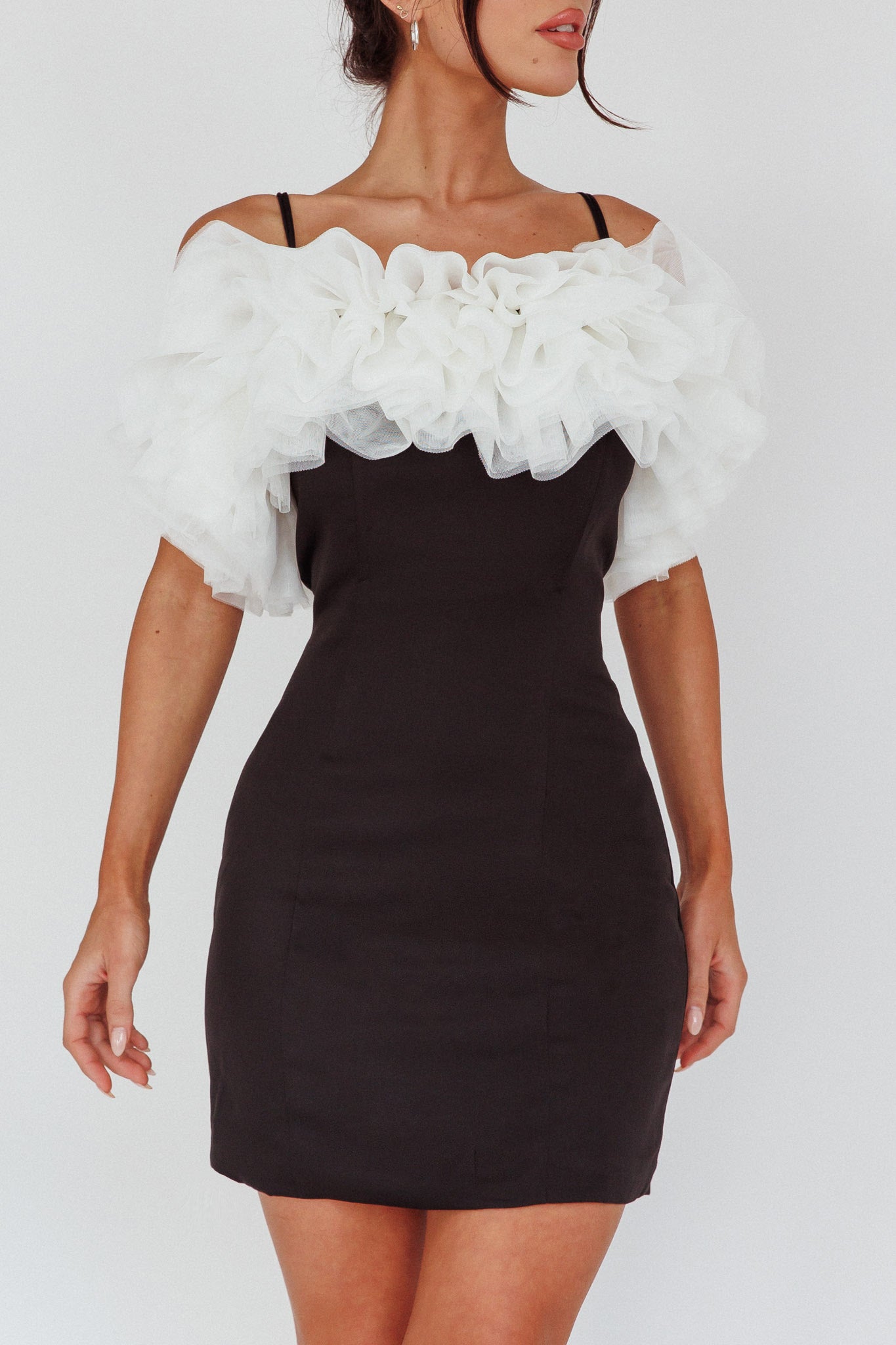 Prima Tulle Neckline Mini Dress Black/White by Selfie Leslie