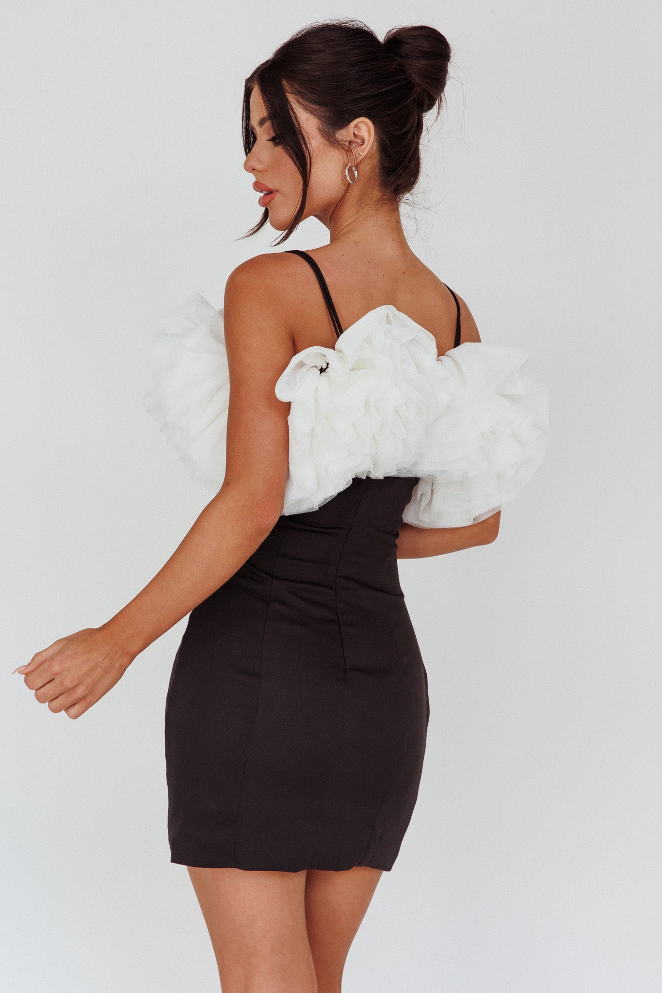 Prima Tulle Neckline Mini Dress Black/White by Selfie Leslie