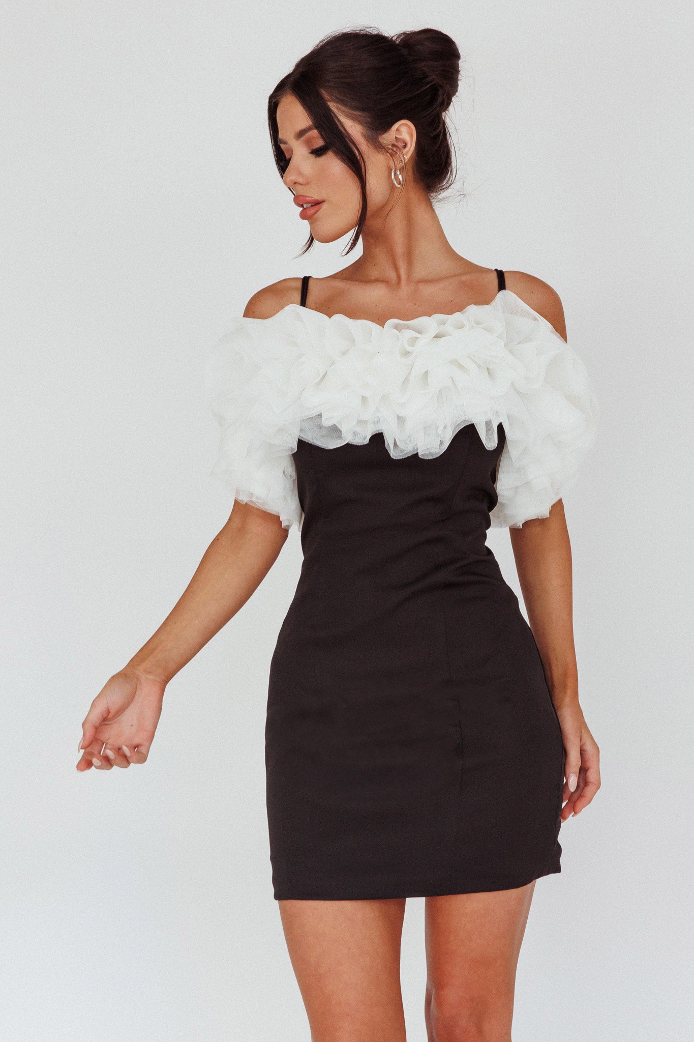 Prima Tulle Neckline Mini Dress Black/White by Selfie Leslie