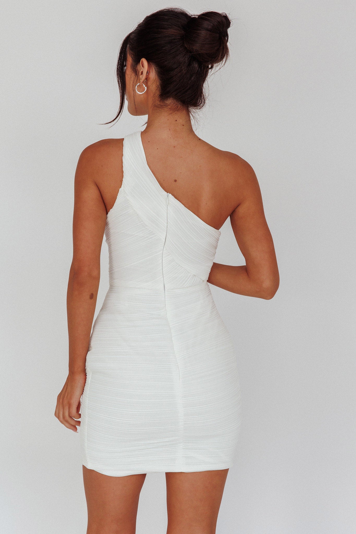 Meridith One Shoulder Accordion Pleat Mini Dress Off White by Selfie Leslie