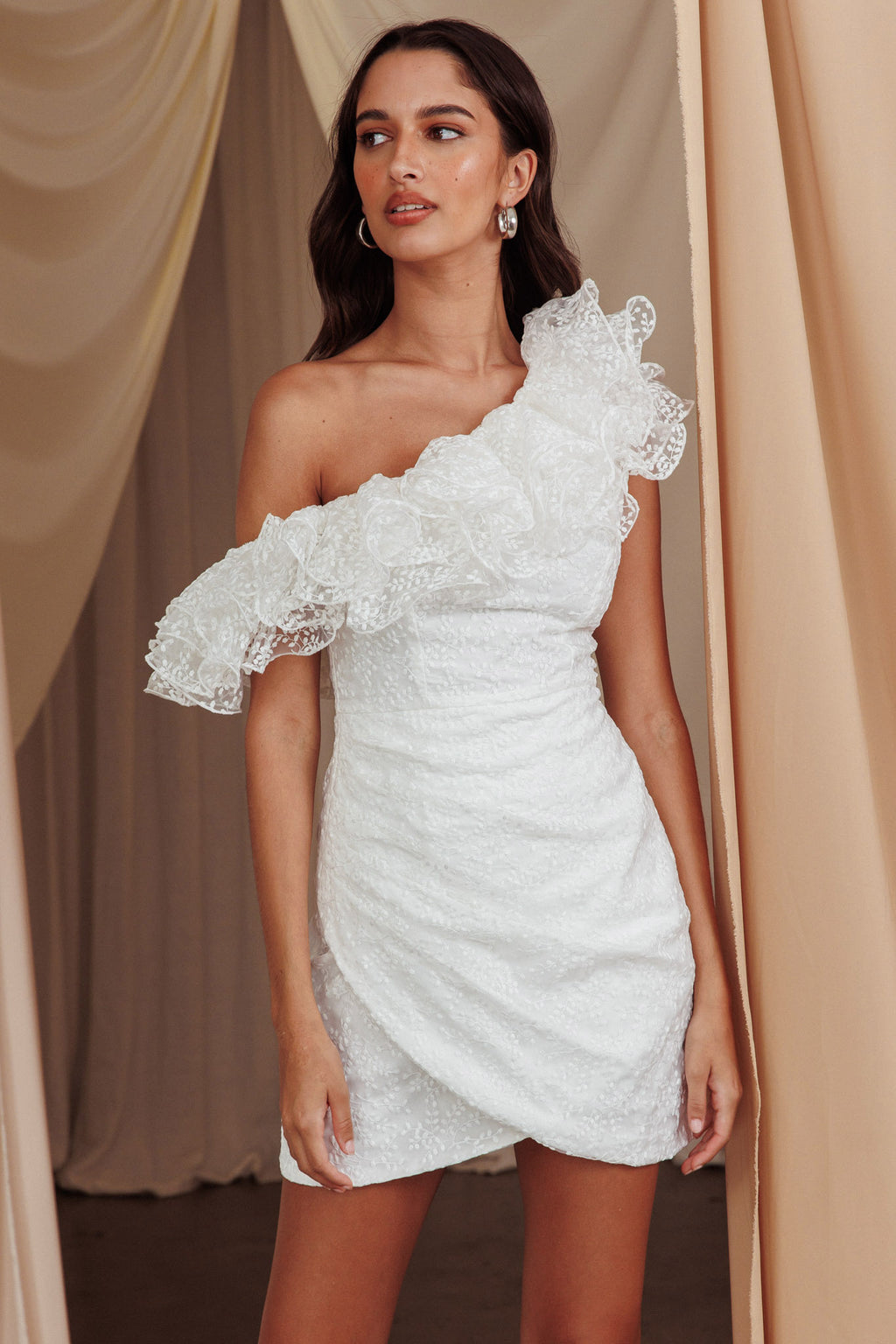 Hollyn One-Shoulder Ruffle Mini Dress White by Selfie Leslie