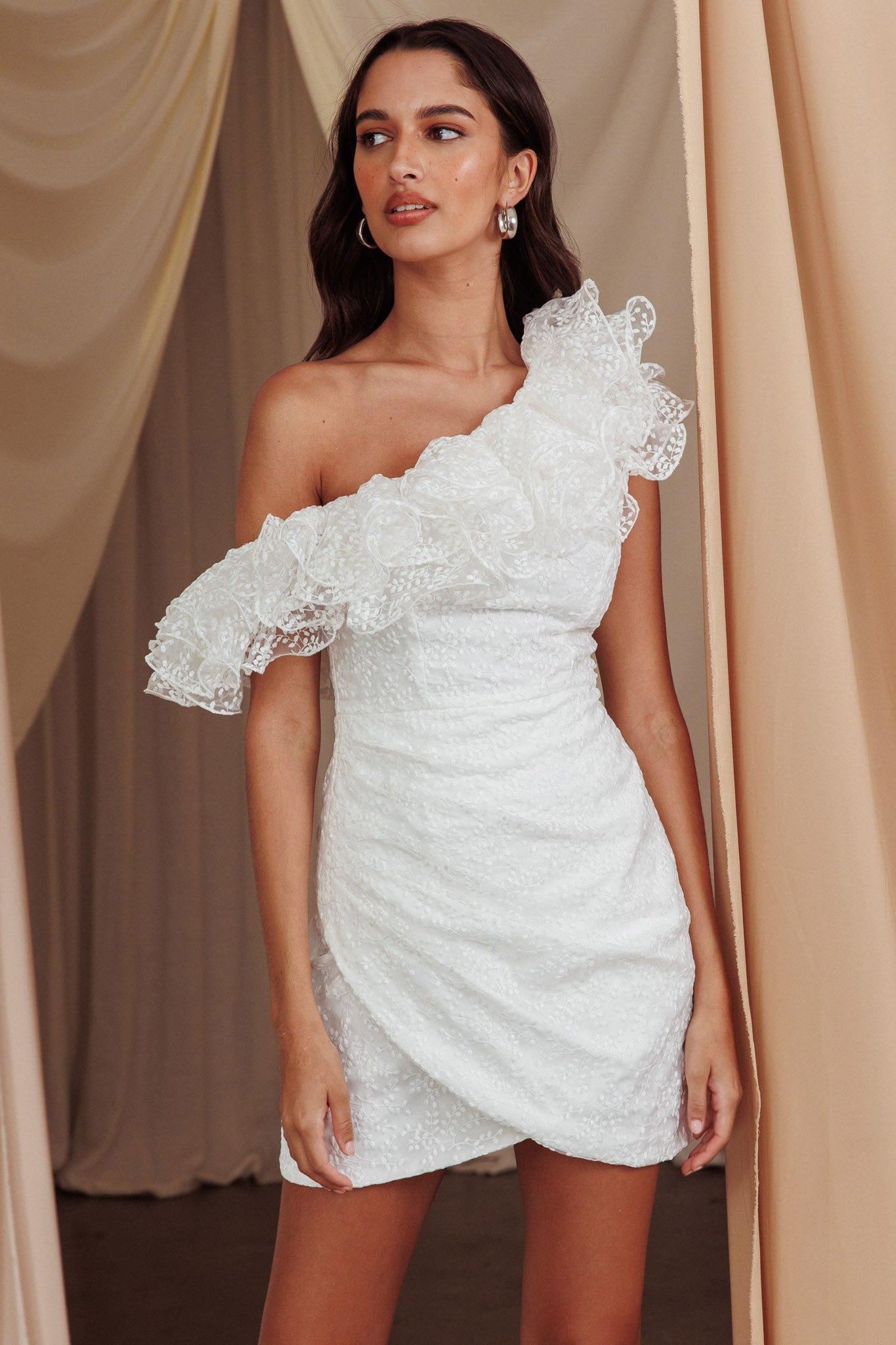 Hollyn One-Shoulder Ruffle Mini Dress White by Selfie Leslie