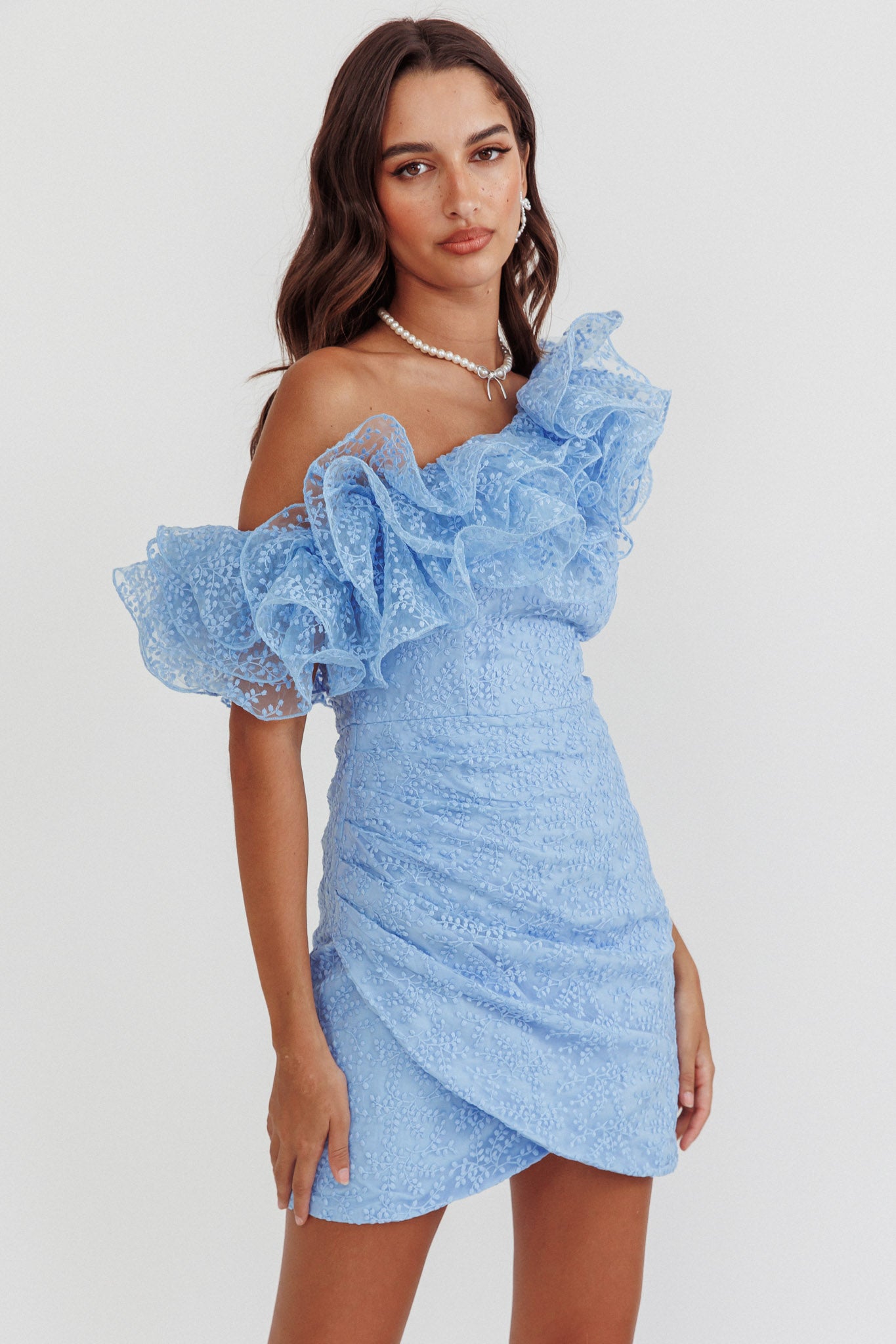 Hollyn One-Shoulder Ruffle Mini Dress Baby Blue by Selfie Leslie
