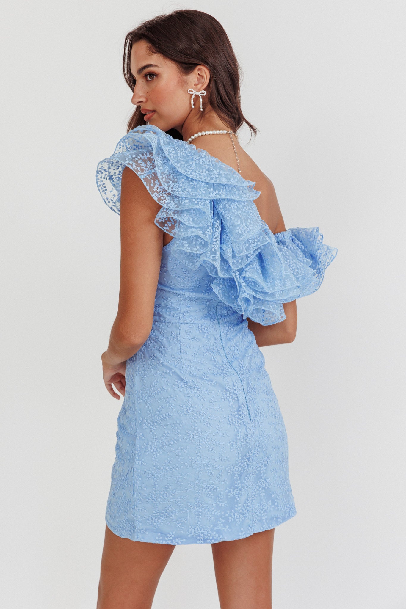 Hollyn One-Shoulder Ruffle Mini Dress Baby Blue by Selfie Leslie
