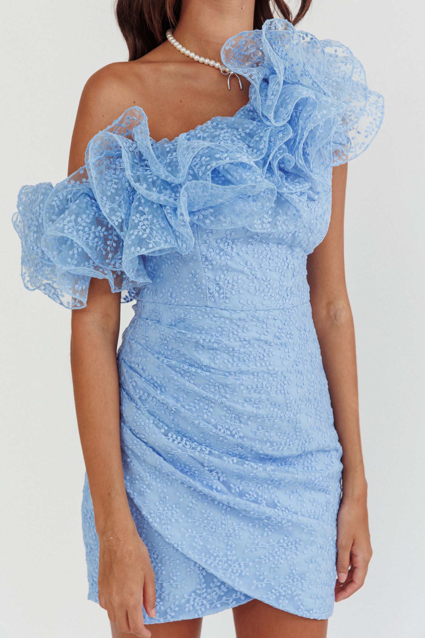 Hollyn One-Shoulder Ruffle Mini Dress Baby Blue by Selfie Leslie