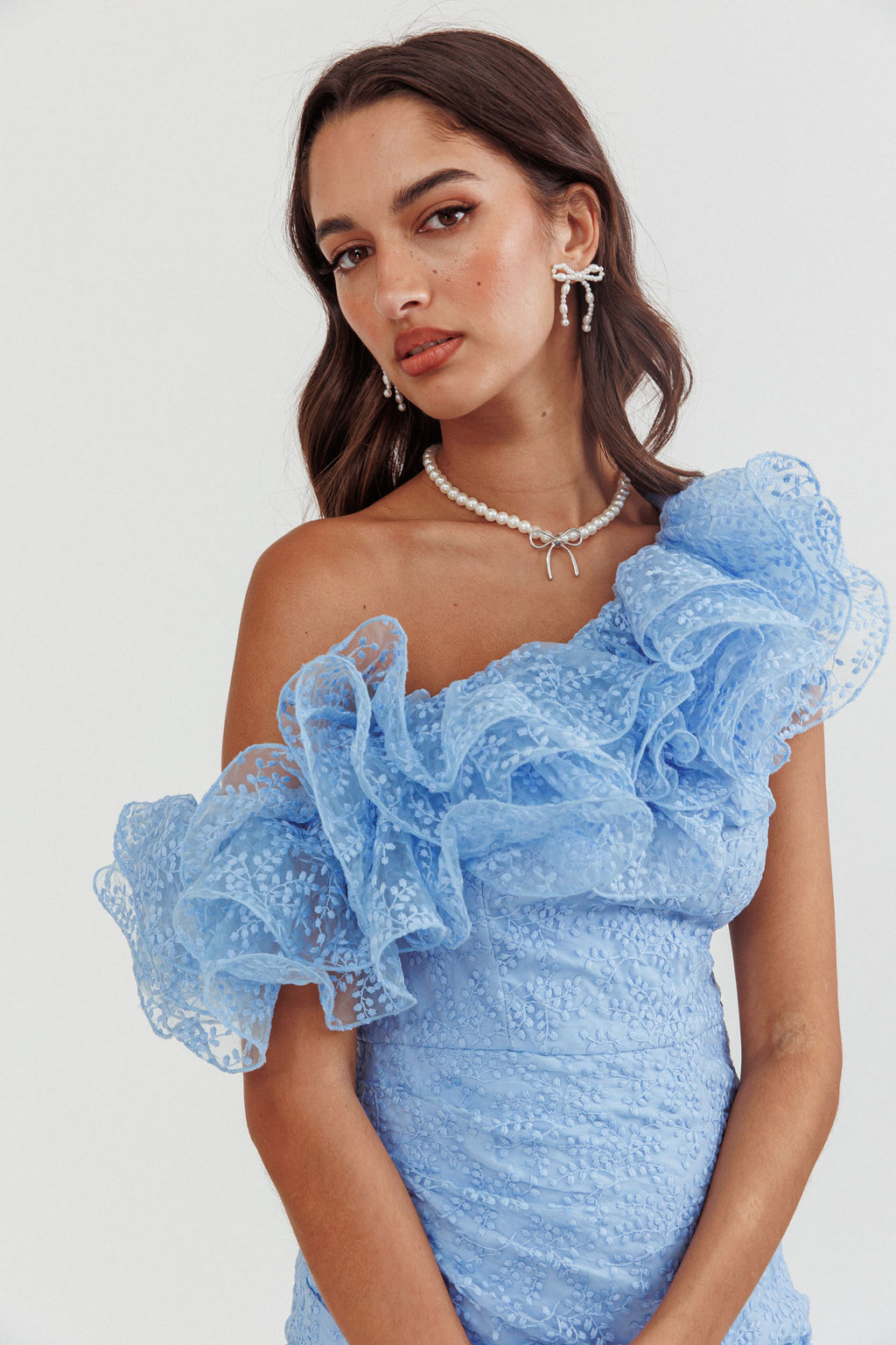 Hollyn One-Shoulder Ruffle Mini Dress Baby Blue by Selfie Leslie