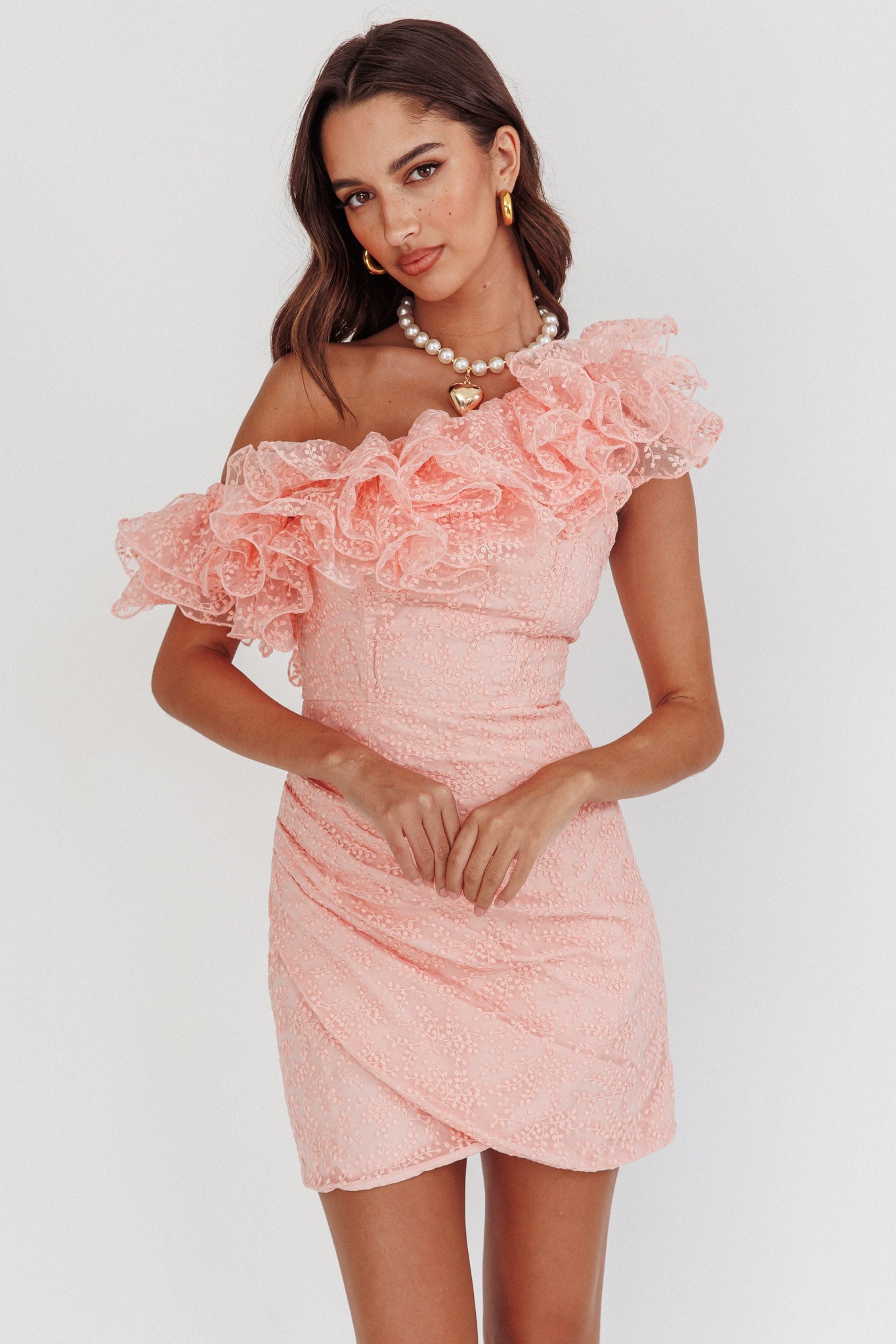 Hollyn One-Shoulder Ruffle Mini Dress Blush by Selfie Leslie