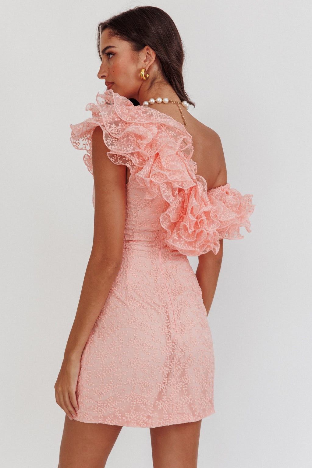 Hollyn One-Shoulder Ruffle Mini Dress Blush by Selfie Leslie