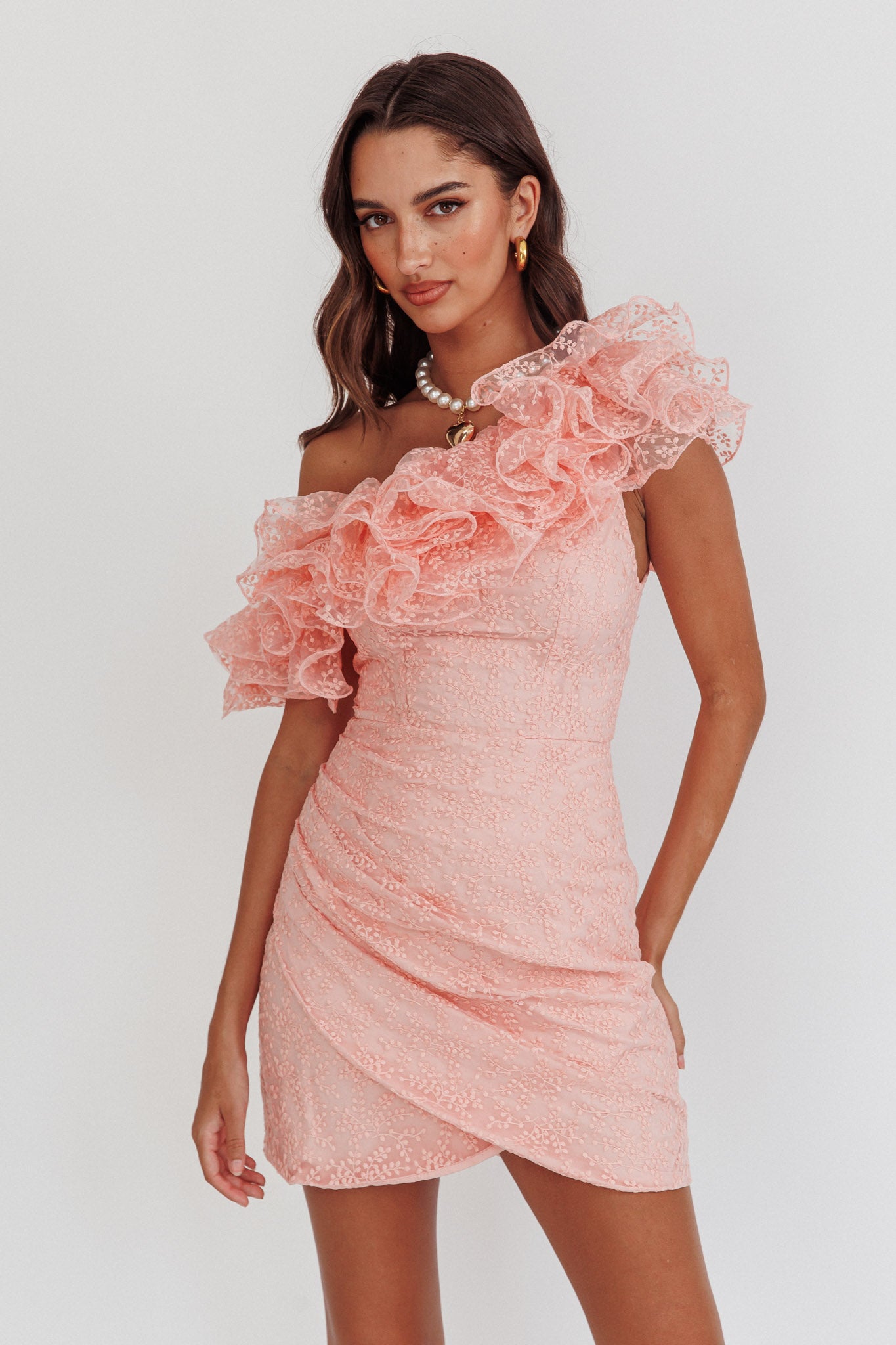 Hollyn One-Shoulder Ruffle Mini Dress Blush by Selfie Leslie