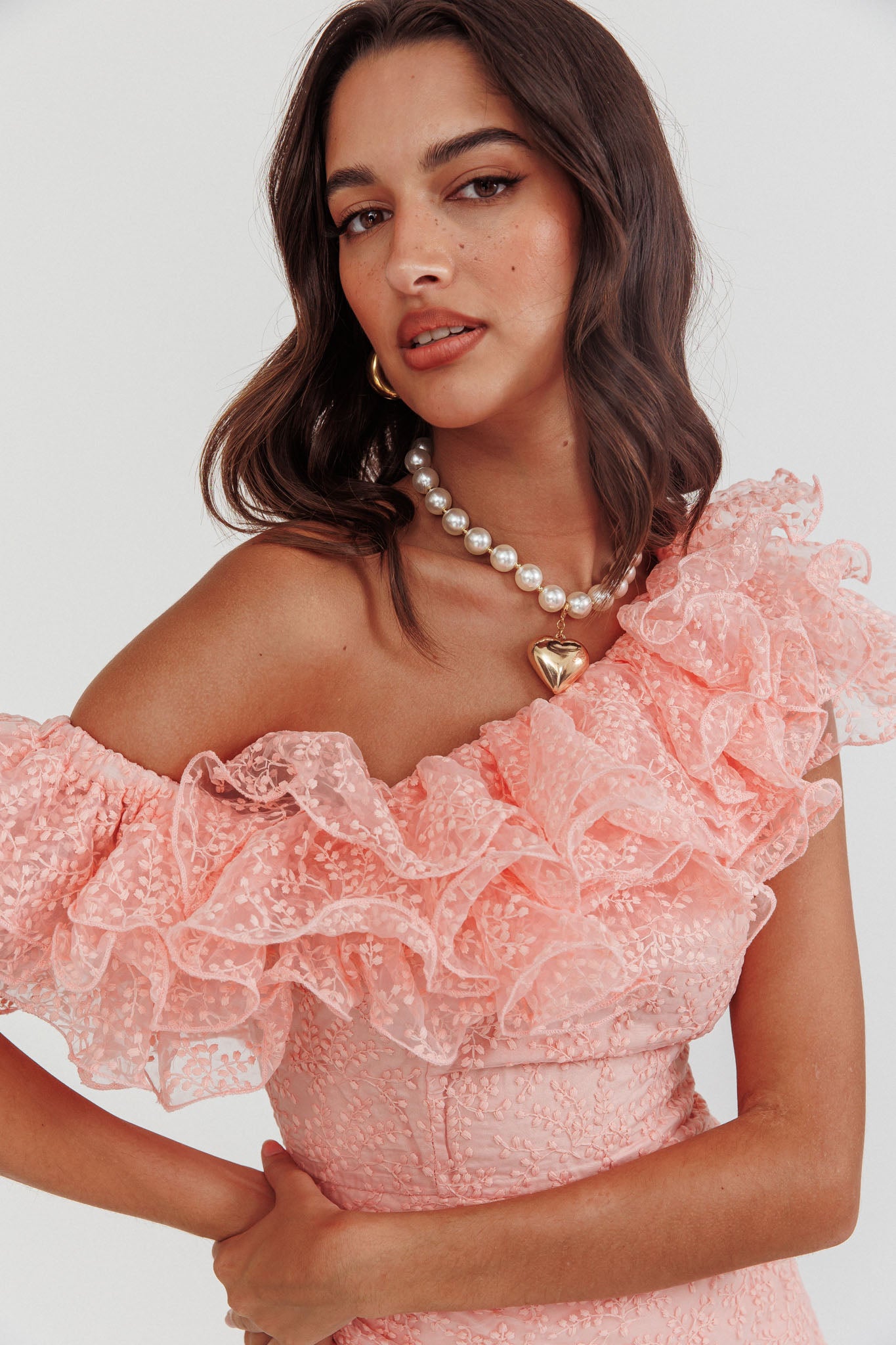 Hollyn One-Shoulder Ruffle Mini Dress Blush by Selfie Leslie