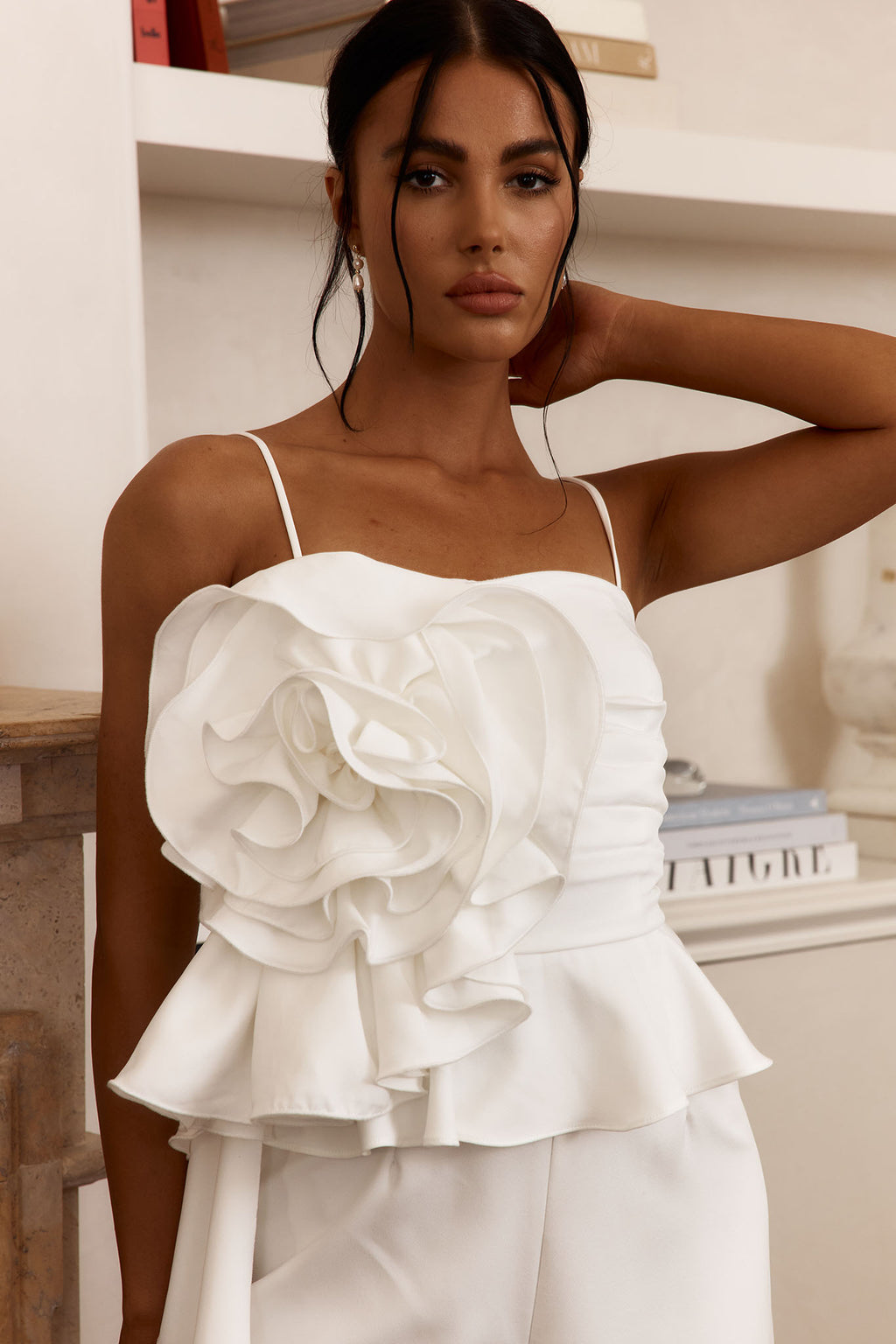 Fallon Ruffle Rose Cami Jumpsuit White by Selfie Leslie