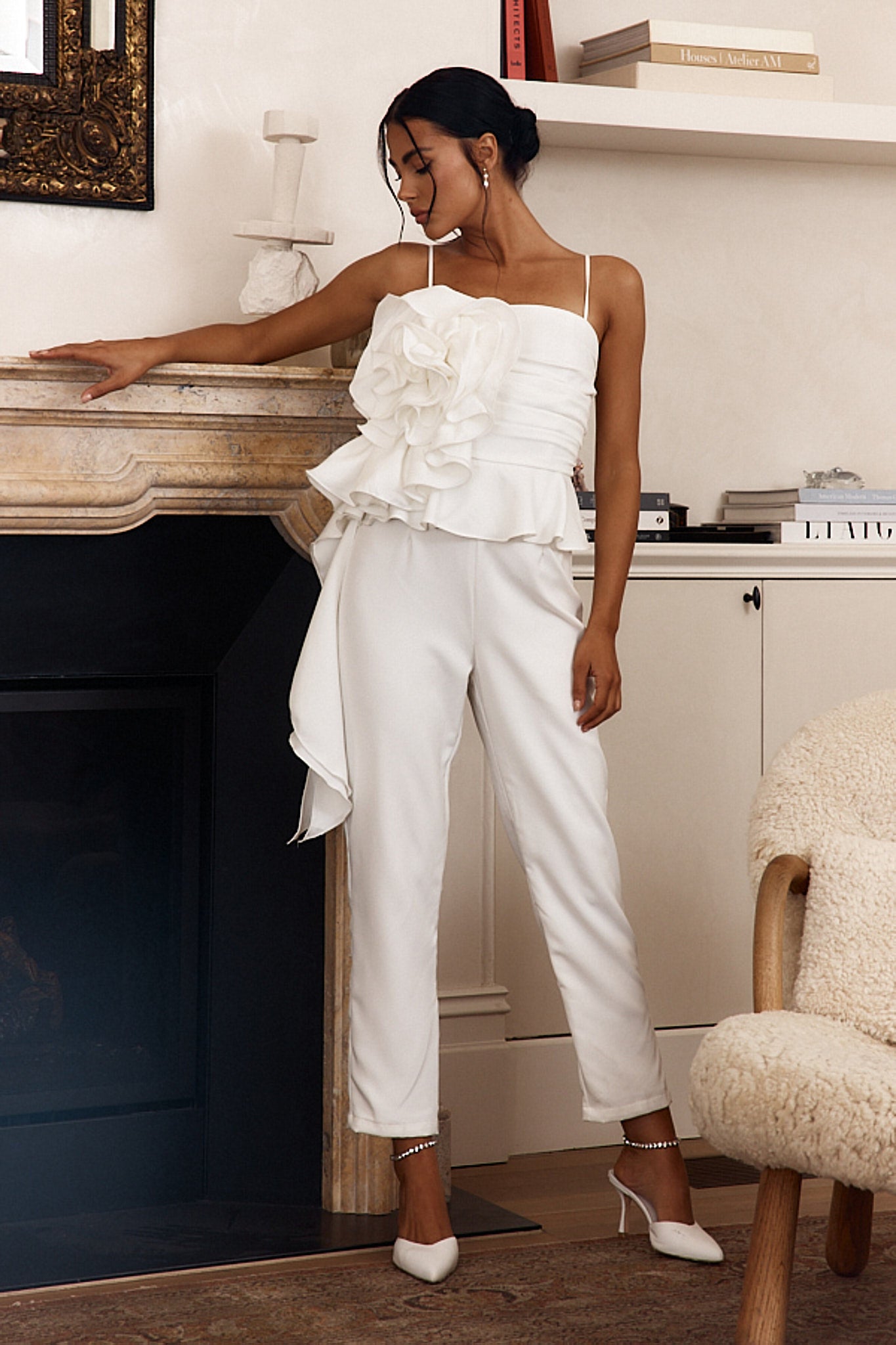 Fallon Ruffle Rose Cami Jumpsuit White by Selfie Leslie