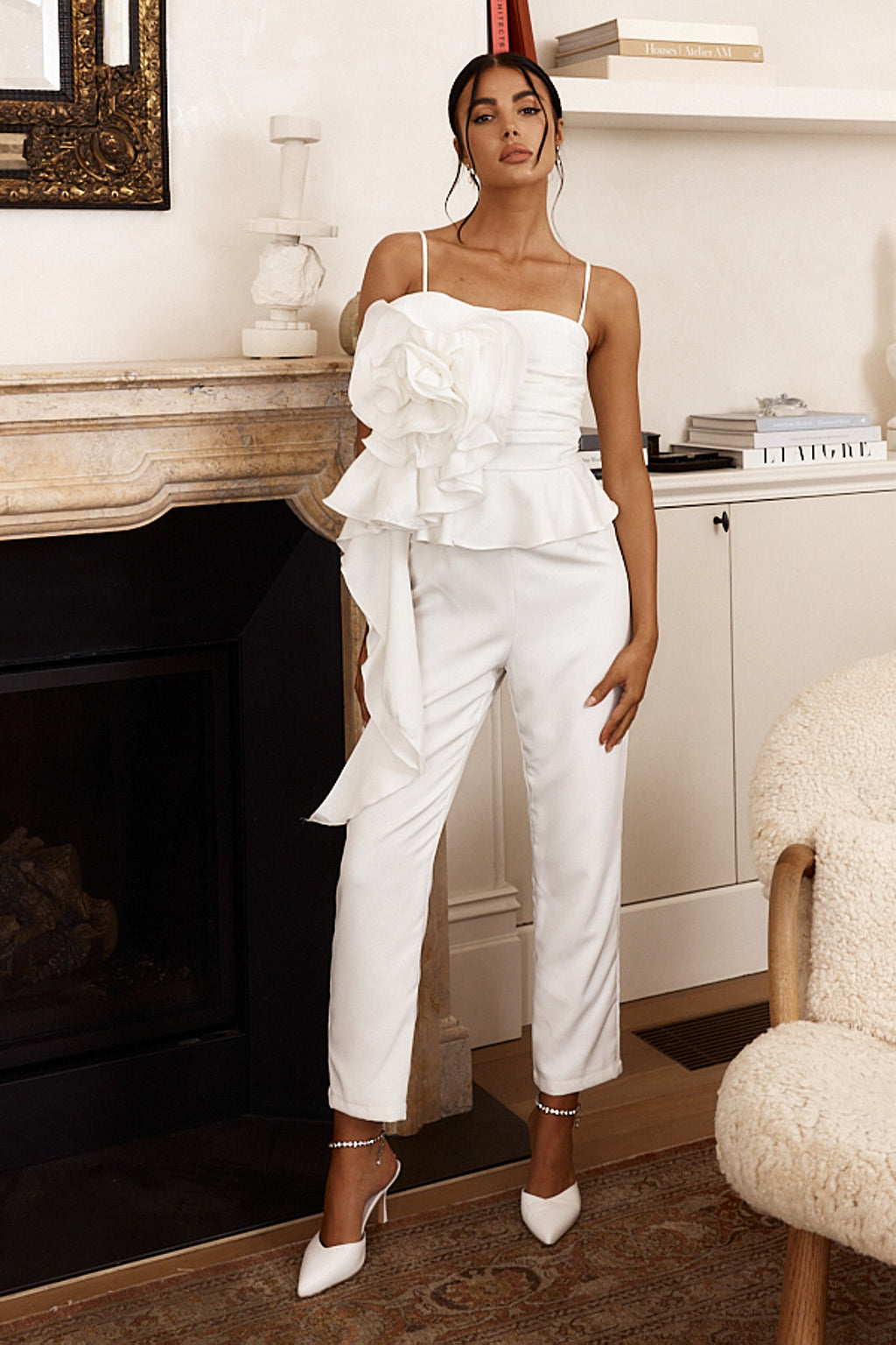 Fallon Ruffle Rose Cami Jumpsuit White by Selfie Leslie
