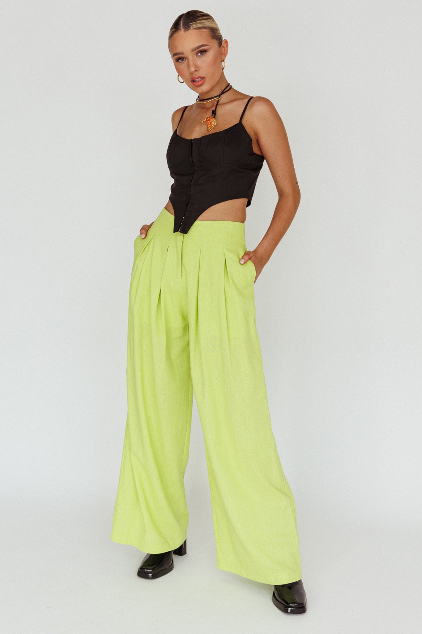 Sloan Side Pocket Trouser Pants Lime by Selfie Leslie