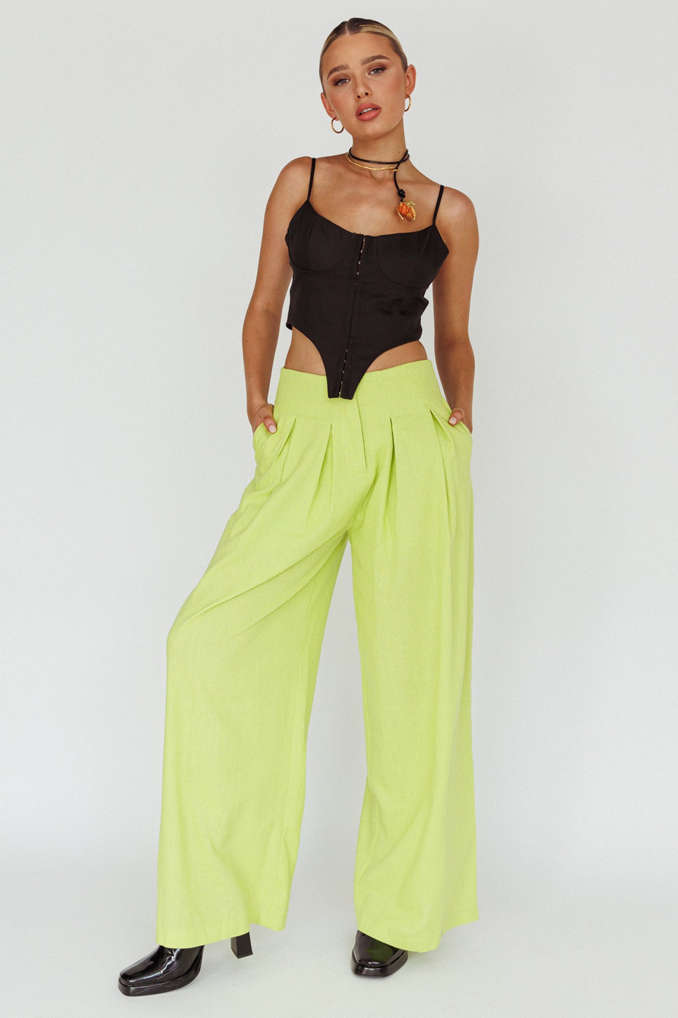 Sloan Side Pocket Trouser Pants Lime by Selfie Leslie
