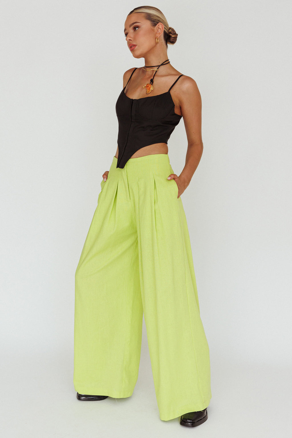 Sloan Side Pocket Trouser Pants Lime by Selfie Leslie