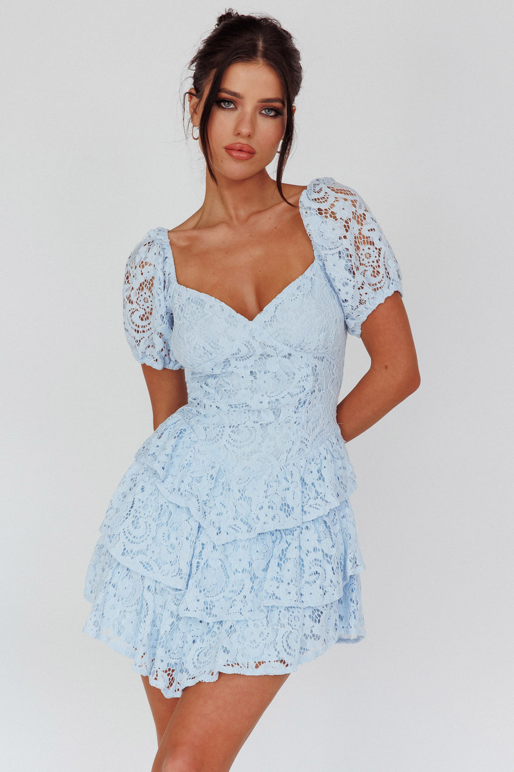Tayah Tiered Lace Mini Dress Light Blue by Selfie Leslie