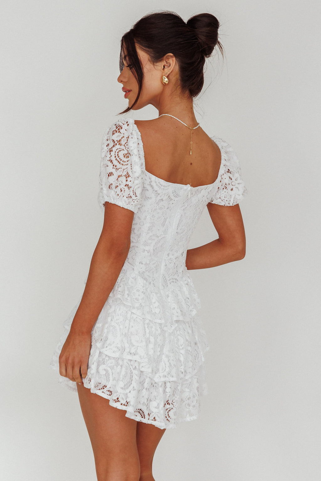 Tayah Tiered Lace Mini Dress Off White by Selfie Leslie