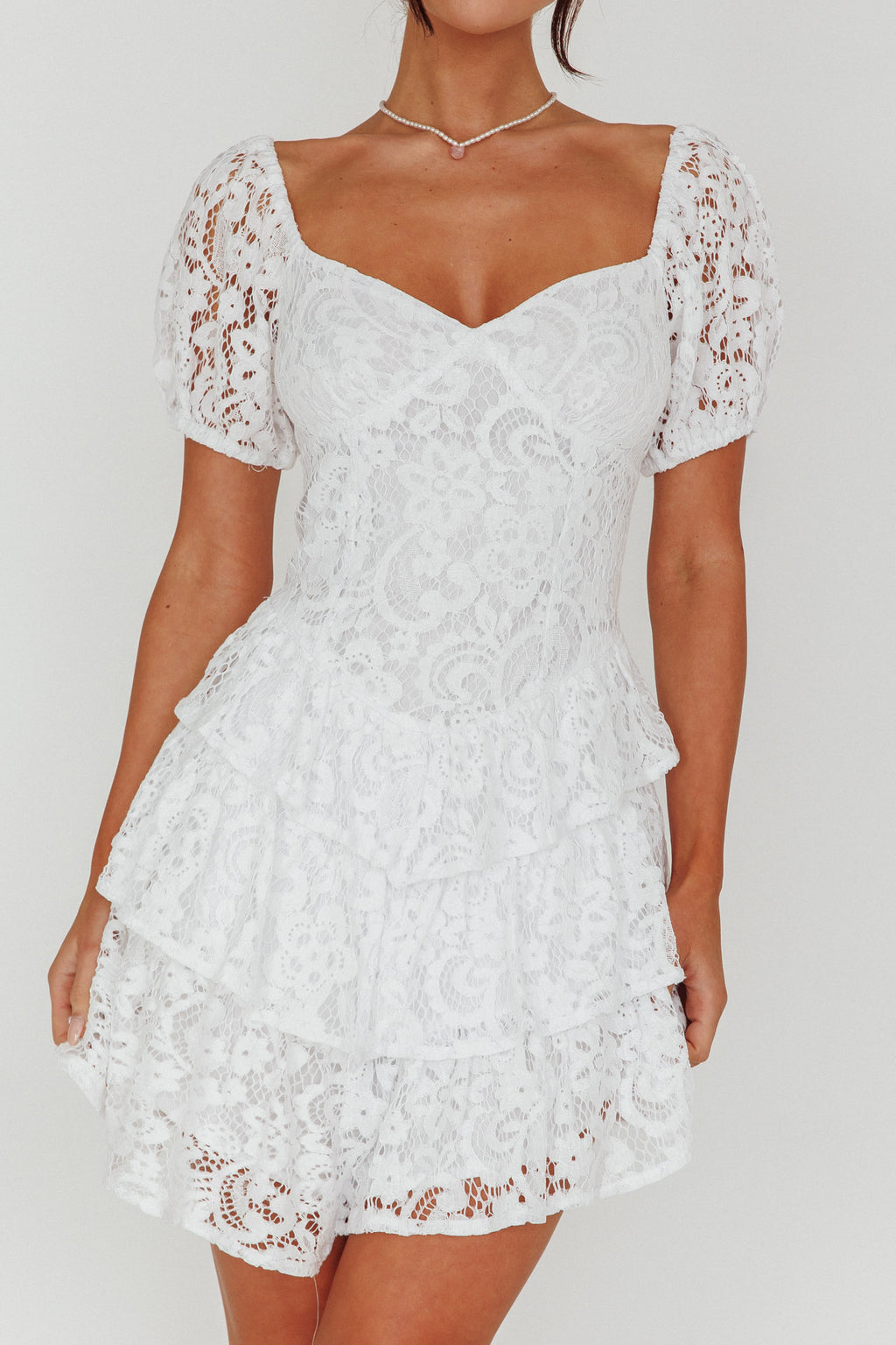 Tayah Tiered Lace Mini Dress Off White by Selfie Leslie