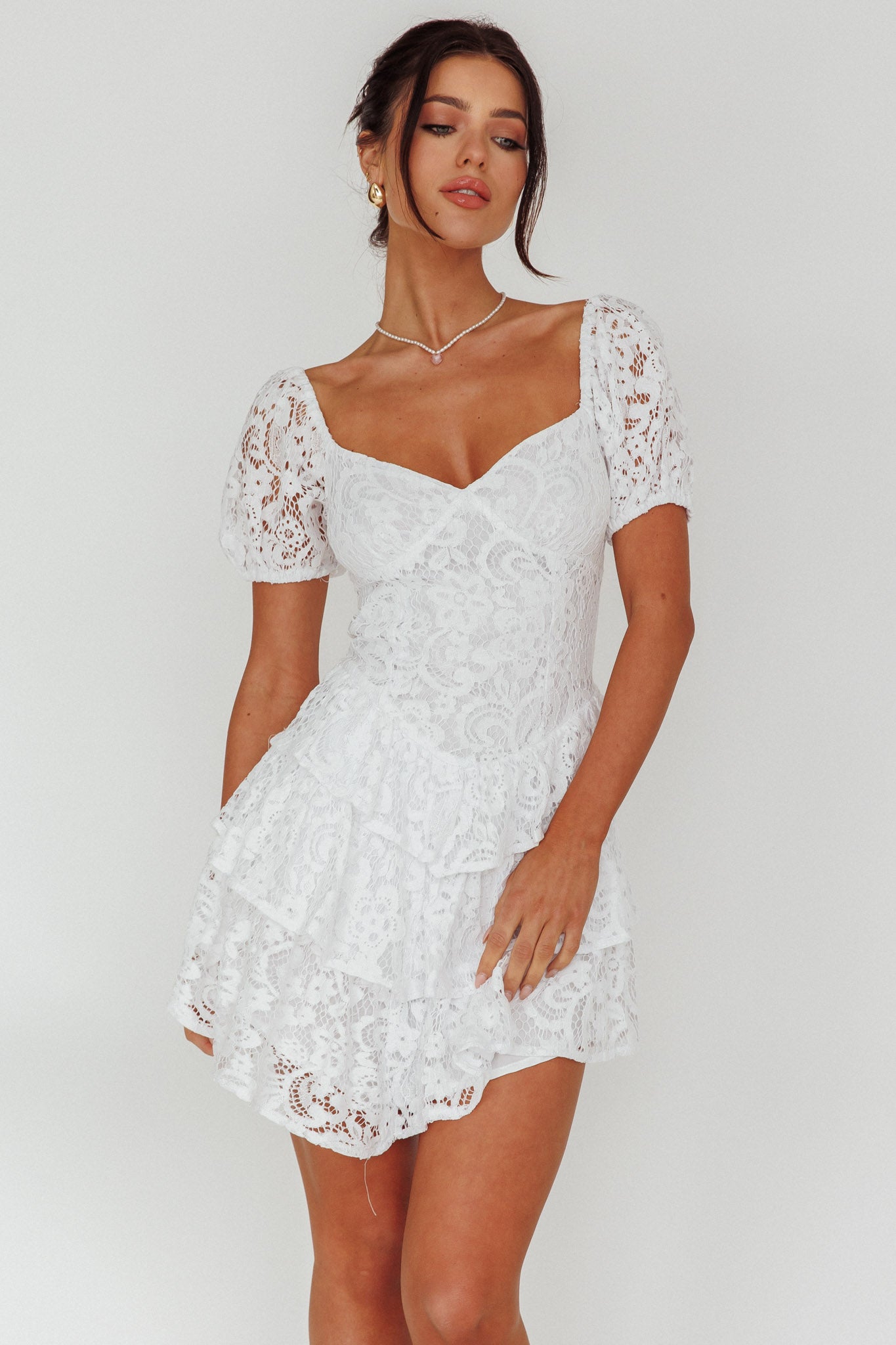 Tayah Tiered Lace Mini Dress Off White by Selfie Leslie