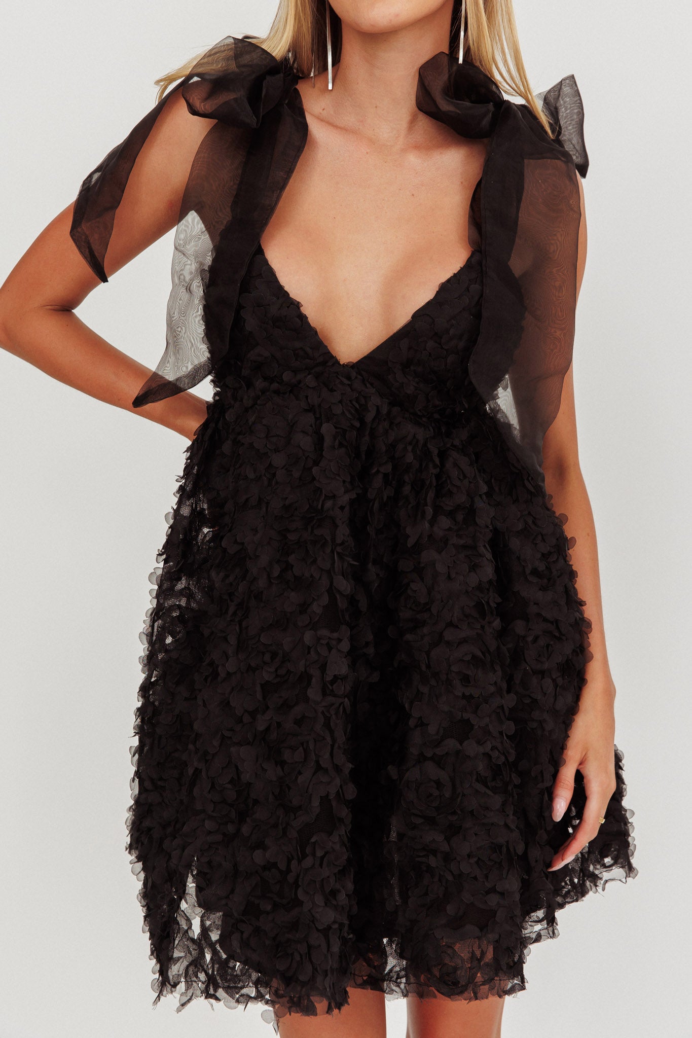 Lisette Tied Shoulder Embellished Mini Dress Black by Selfie Leslie