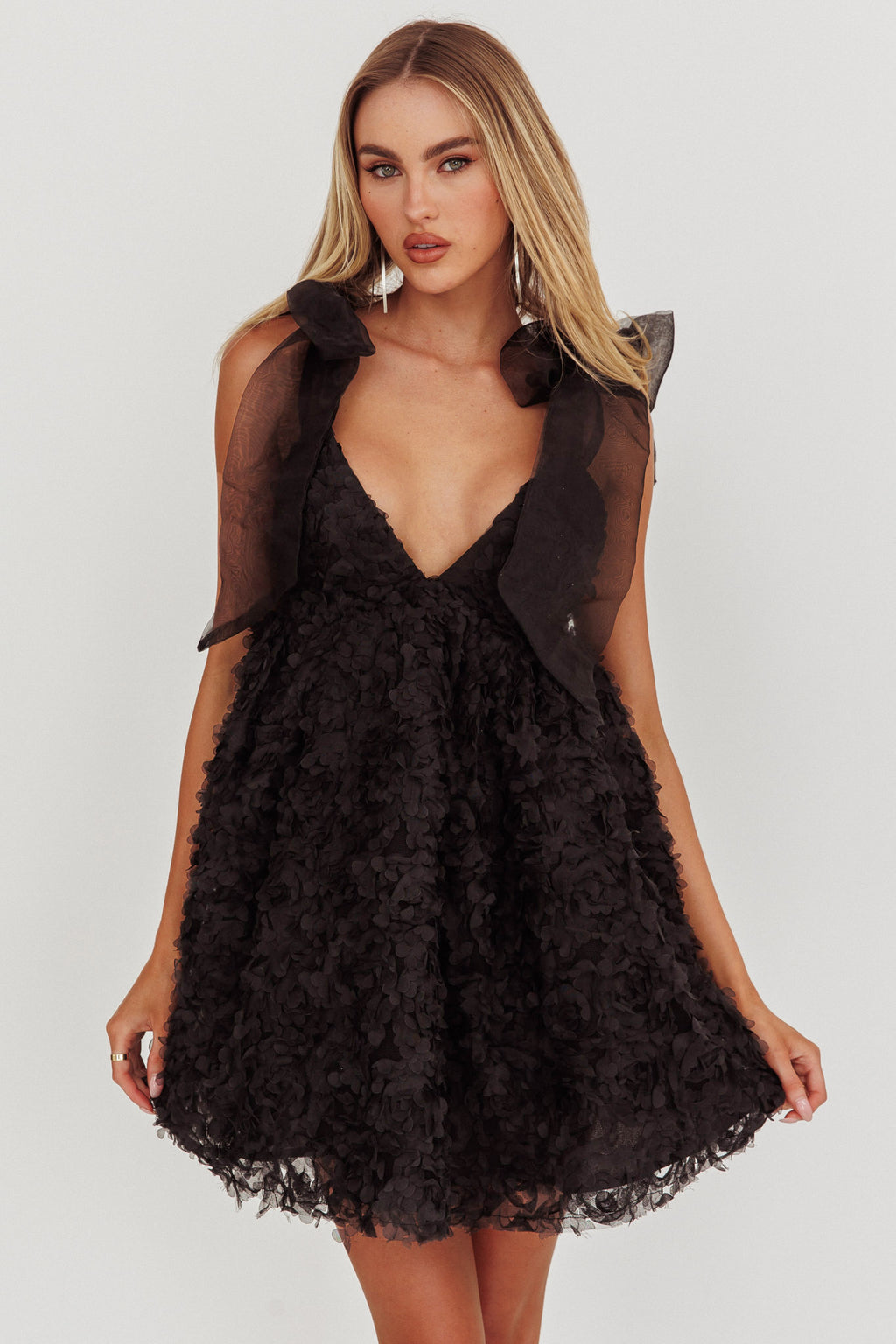 Lisette Tied Shoulder Embellished Mini Dress Black by Selfie Leslie