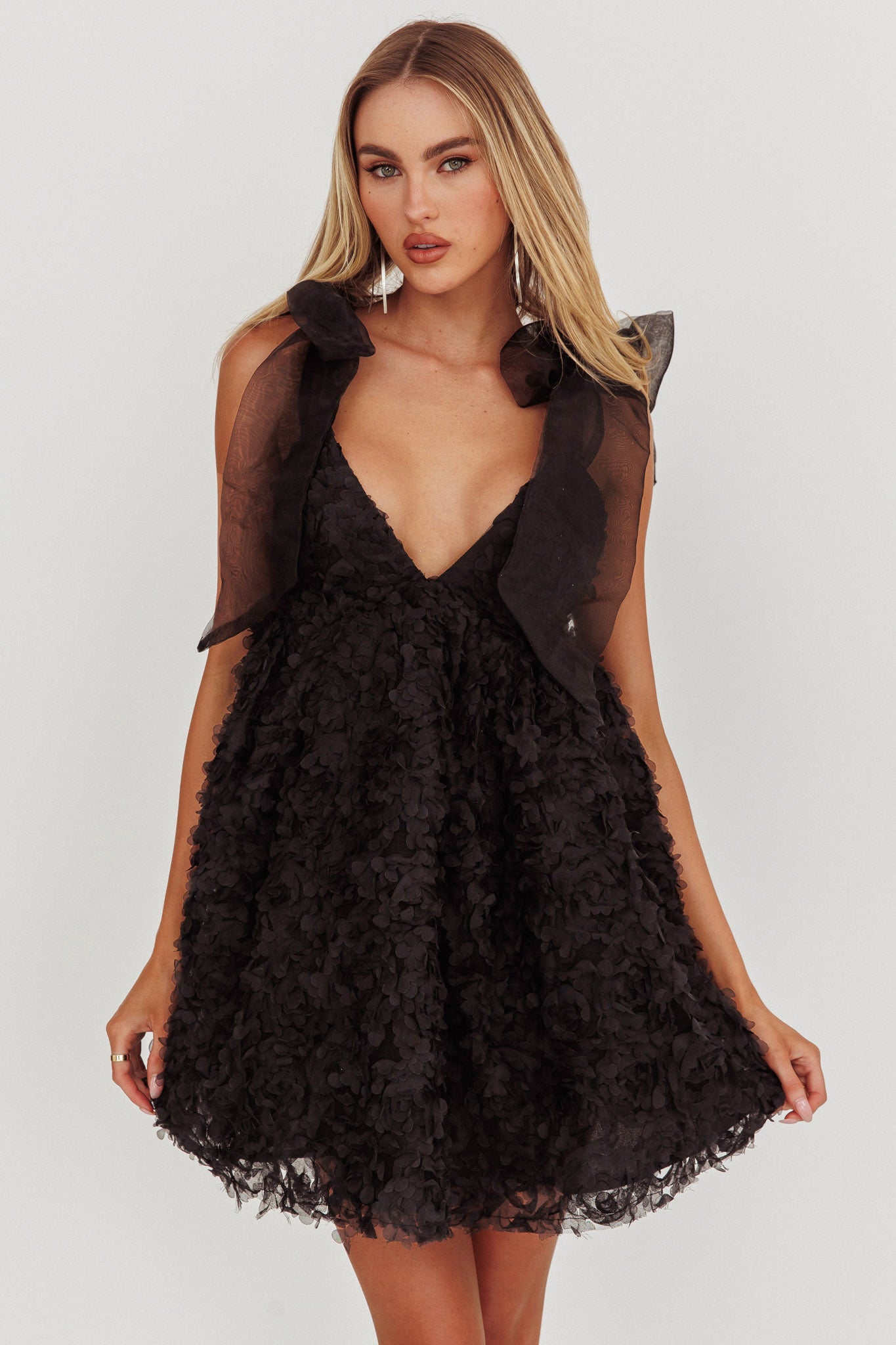 Lisette Tied Shoulder Embellished Mini Dress Black by Selfie Leslie