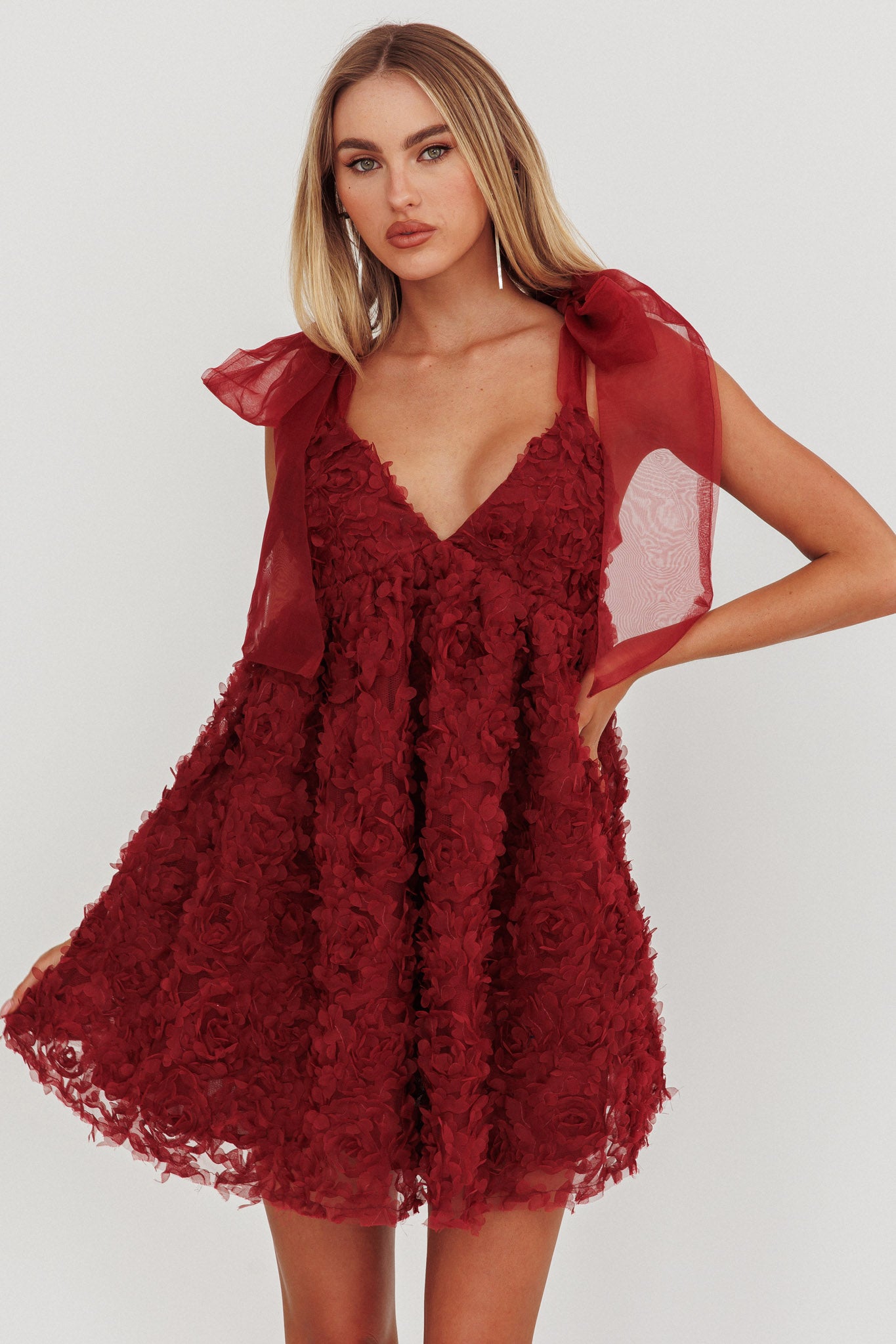 Lisette Tied Shoulder Embellished Mini Dress Wine by Selfie Leslie