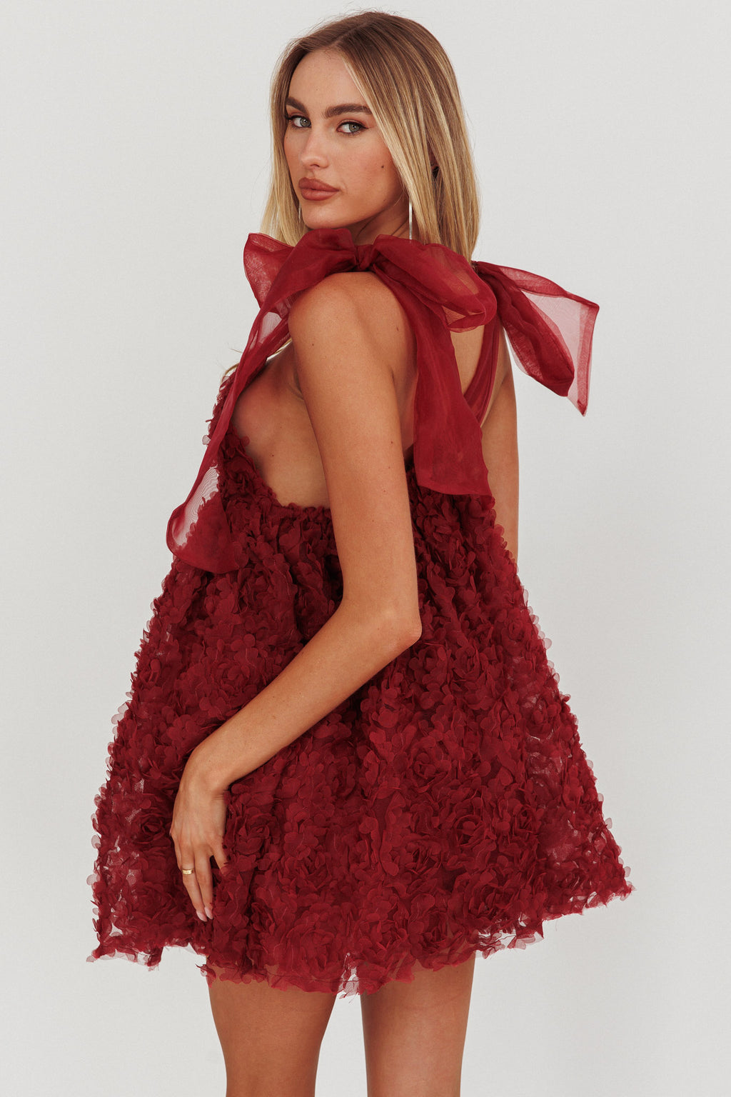 Lisette Tied Shoulder Embellished Mini Dress Wine by Selfie Leslie
