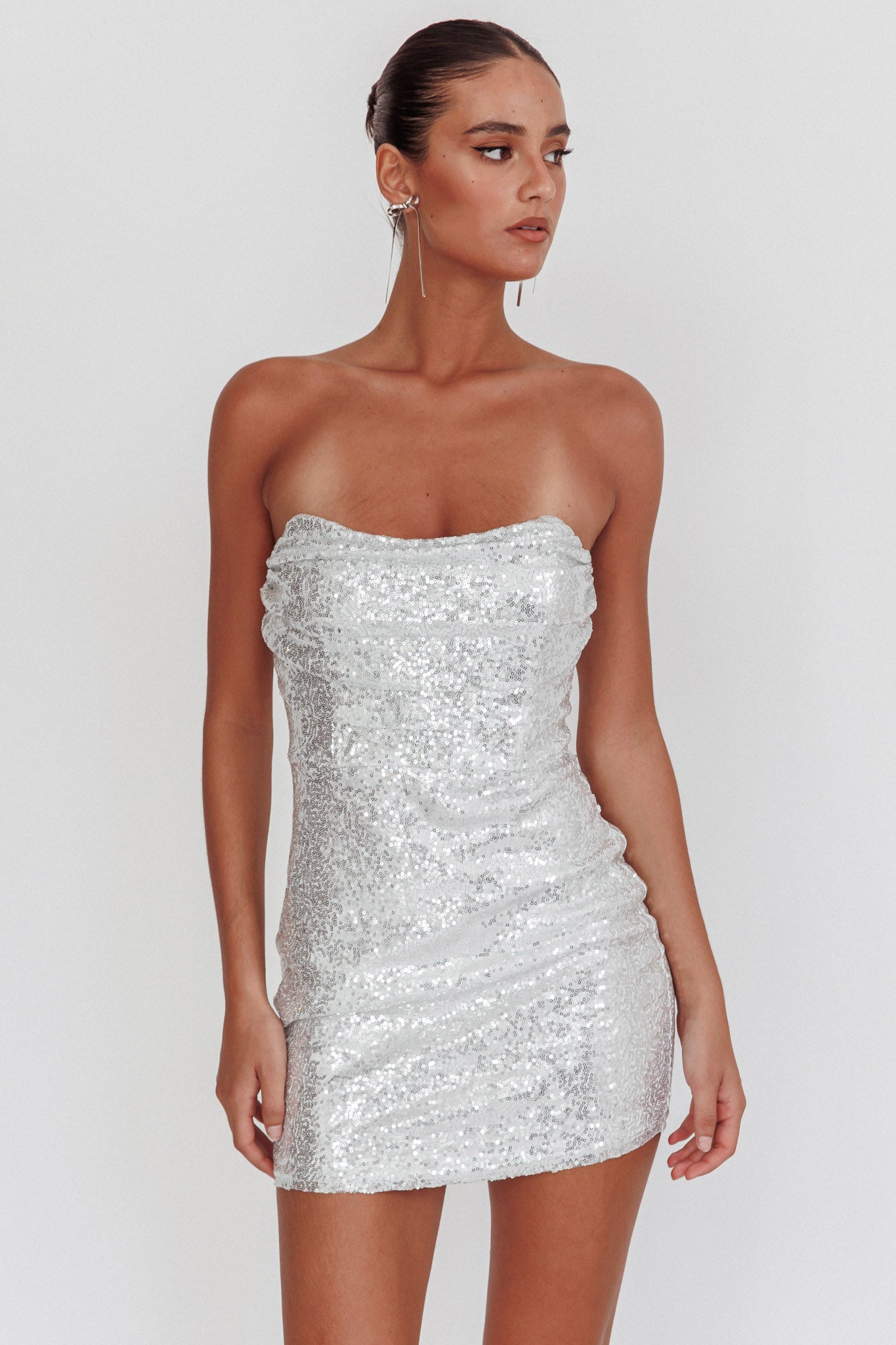 She Slays Strapless Sequin Dress Silver by Selfie Leslie