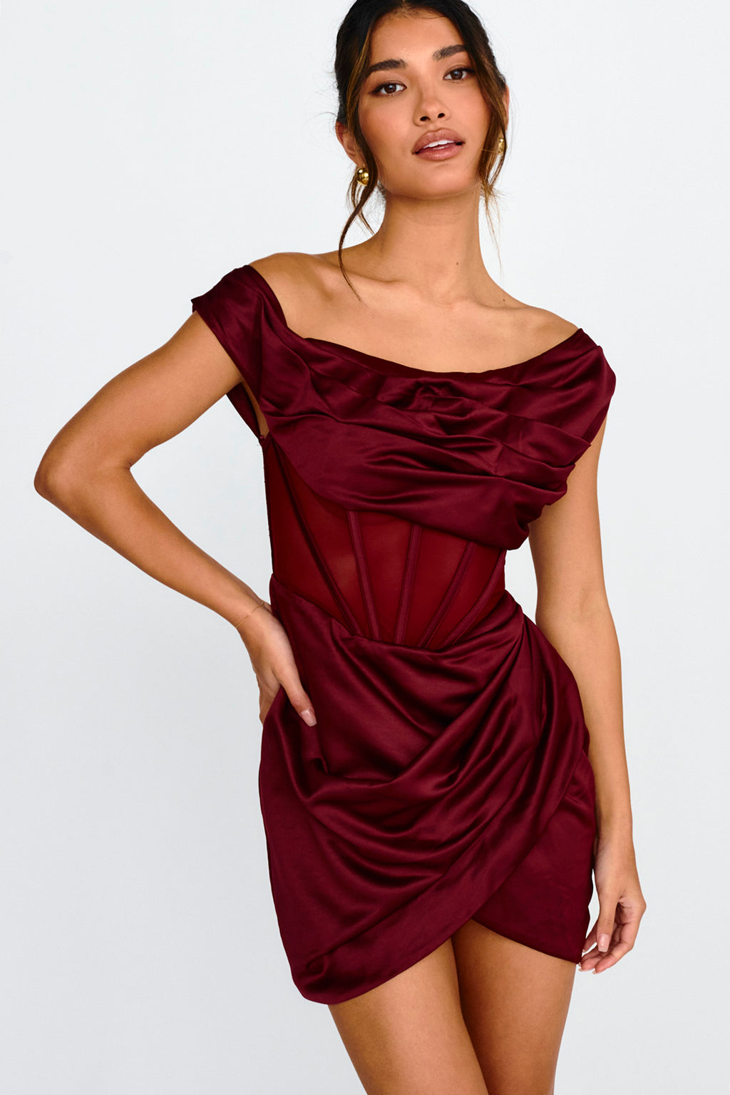 Lizetta Boat Neck Gathered Mini Dress Burgundy | Selfie Leslie Lizetta Boat Neck Gathered Mini Dress Burgundy | Selfie Leslie