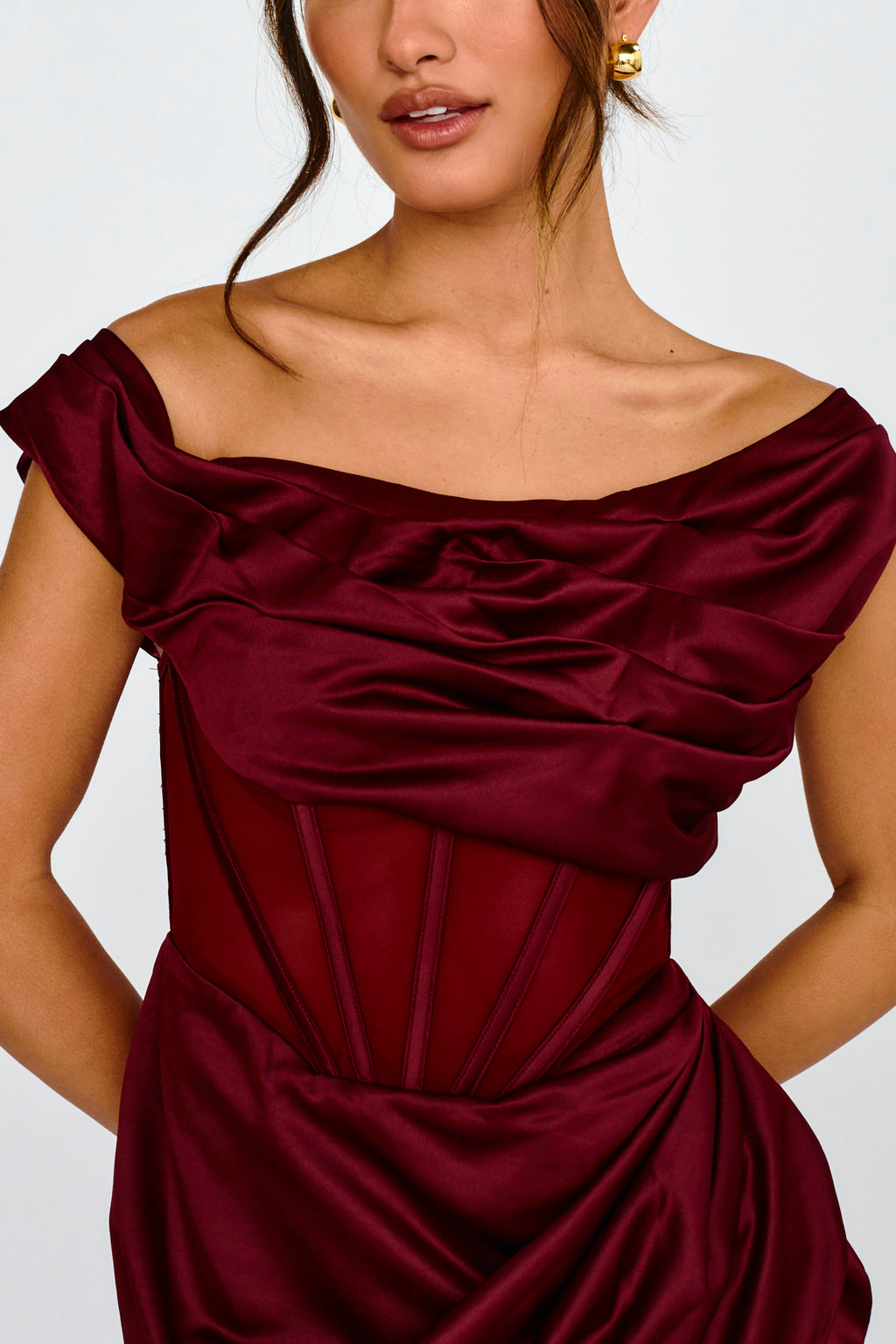 Lizetta Boat Neck Gathered Mini Dress Burgundy by Selfie Leslie