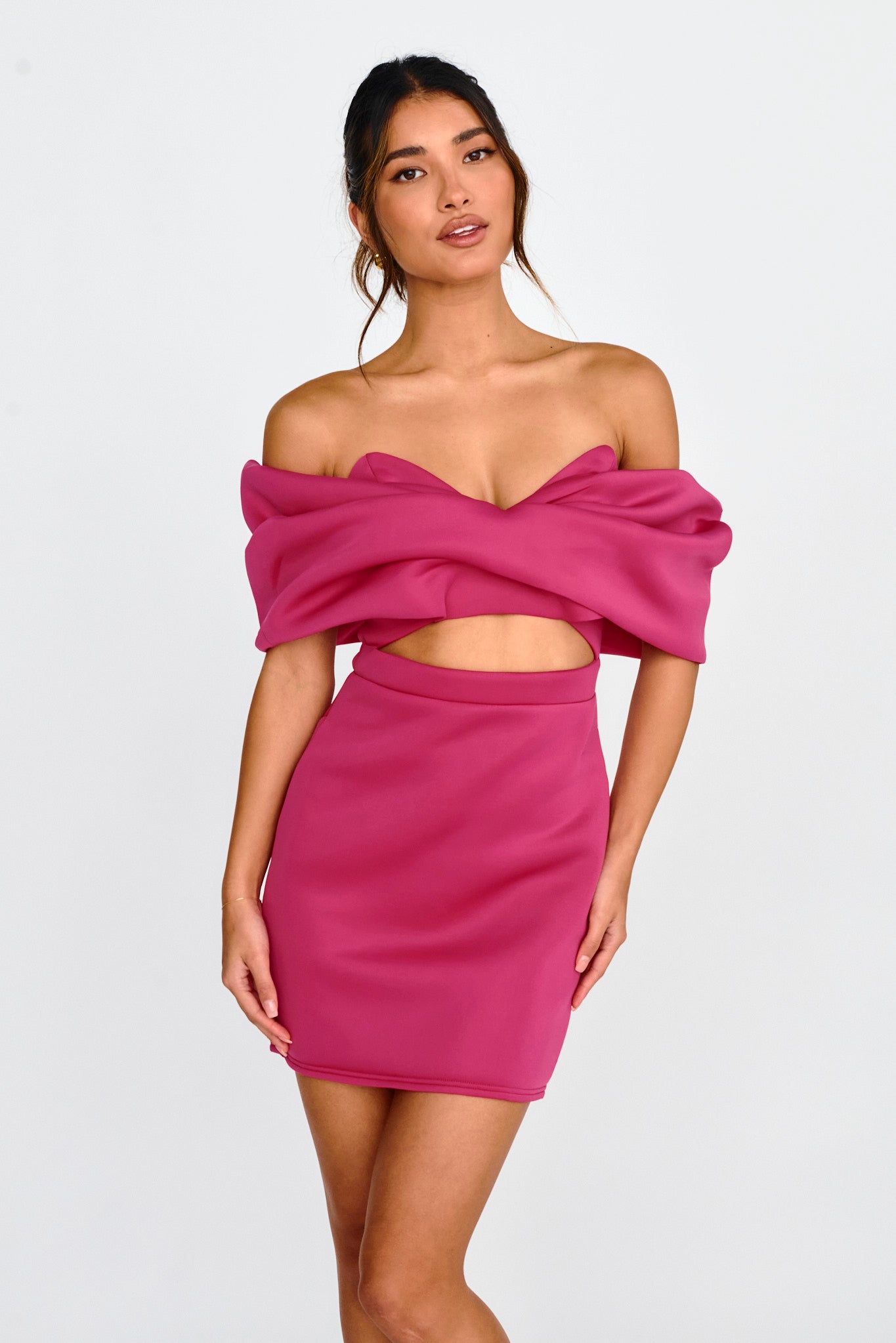 Lucky Star Off Shoulder Cut-Out Mini Dress Fuchsia by Selfie Leslie