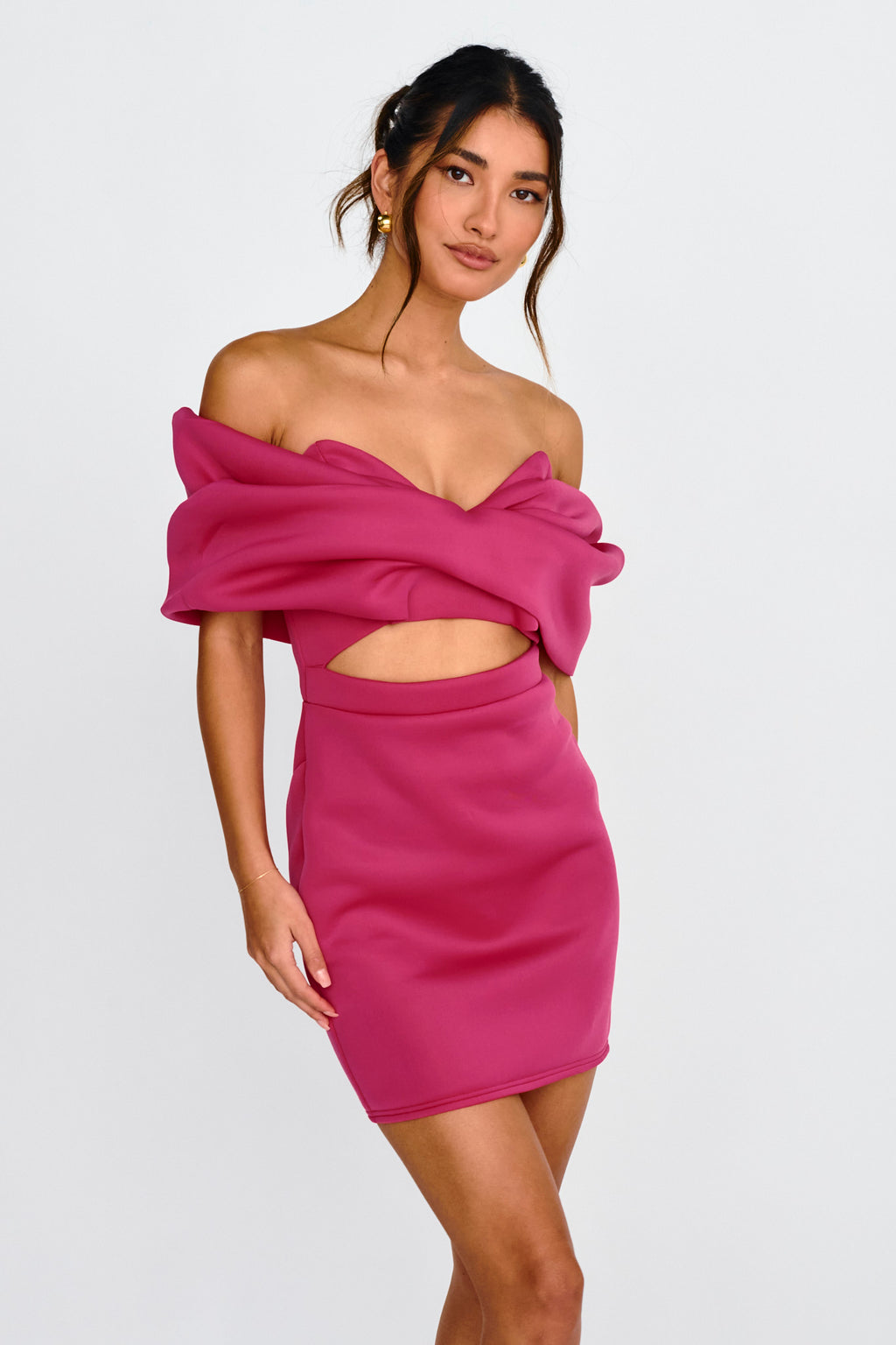 Lucky Star Off Shoulder Cut-Out Mini Dress Fuchsia by Selfie Leslie