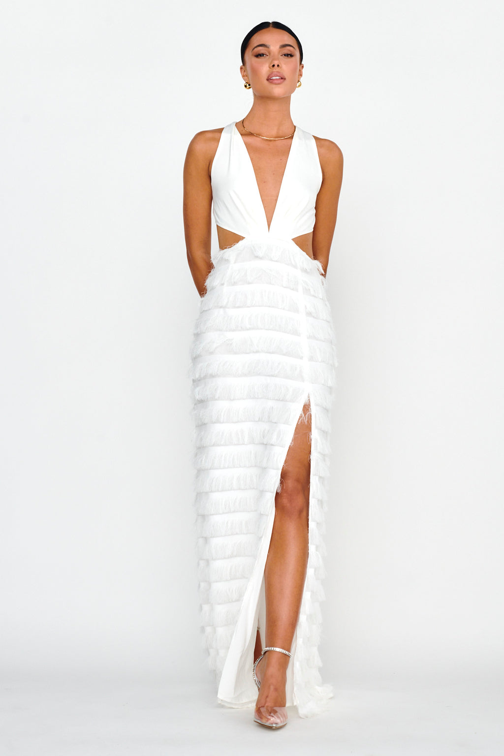 Bold Move Fringe Trim Maxi Dress Ivory by Selfie Leslie