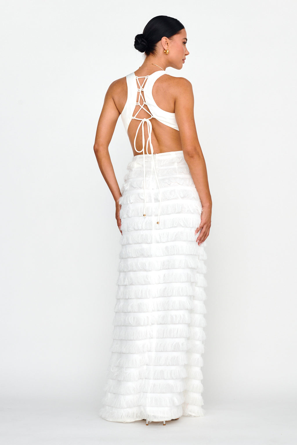 Bold Move Fringe Trim Maxi Dress Ivory by Selfie Leslie