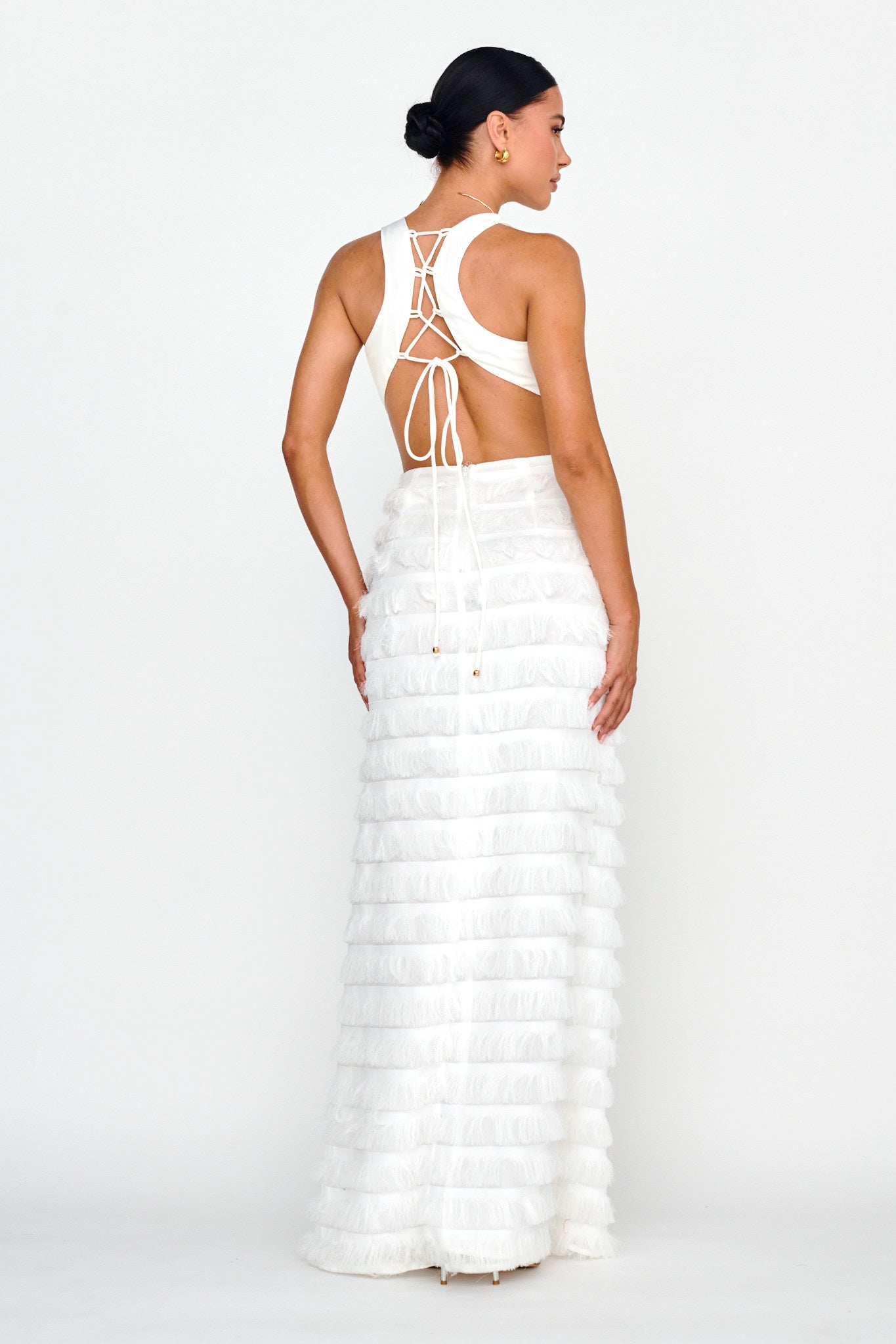 Bold Move Fringe Trim Maxi Dress Ivory by Selfie Leslie