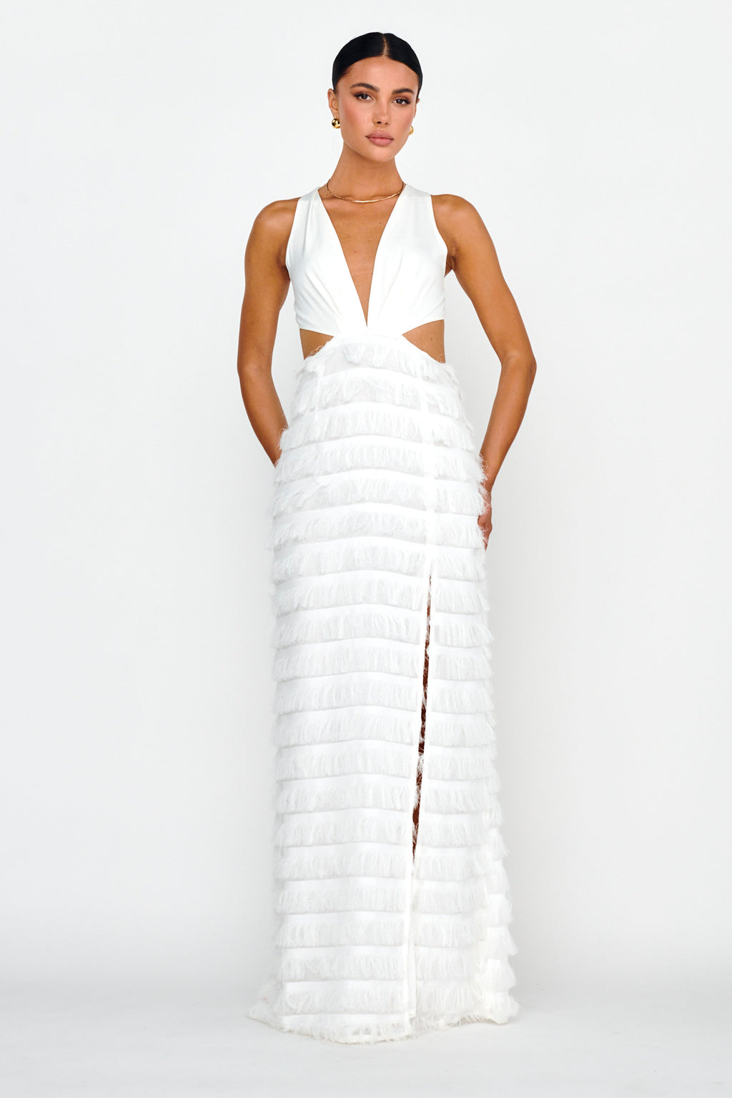 Bold Move Fringe Trim Maxi Dress Ivory by Selfie Leslie