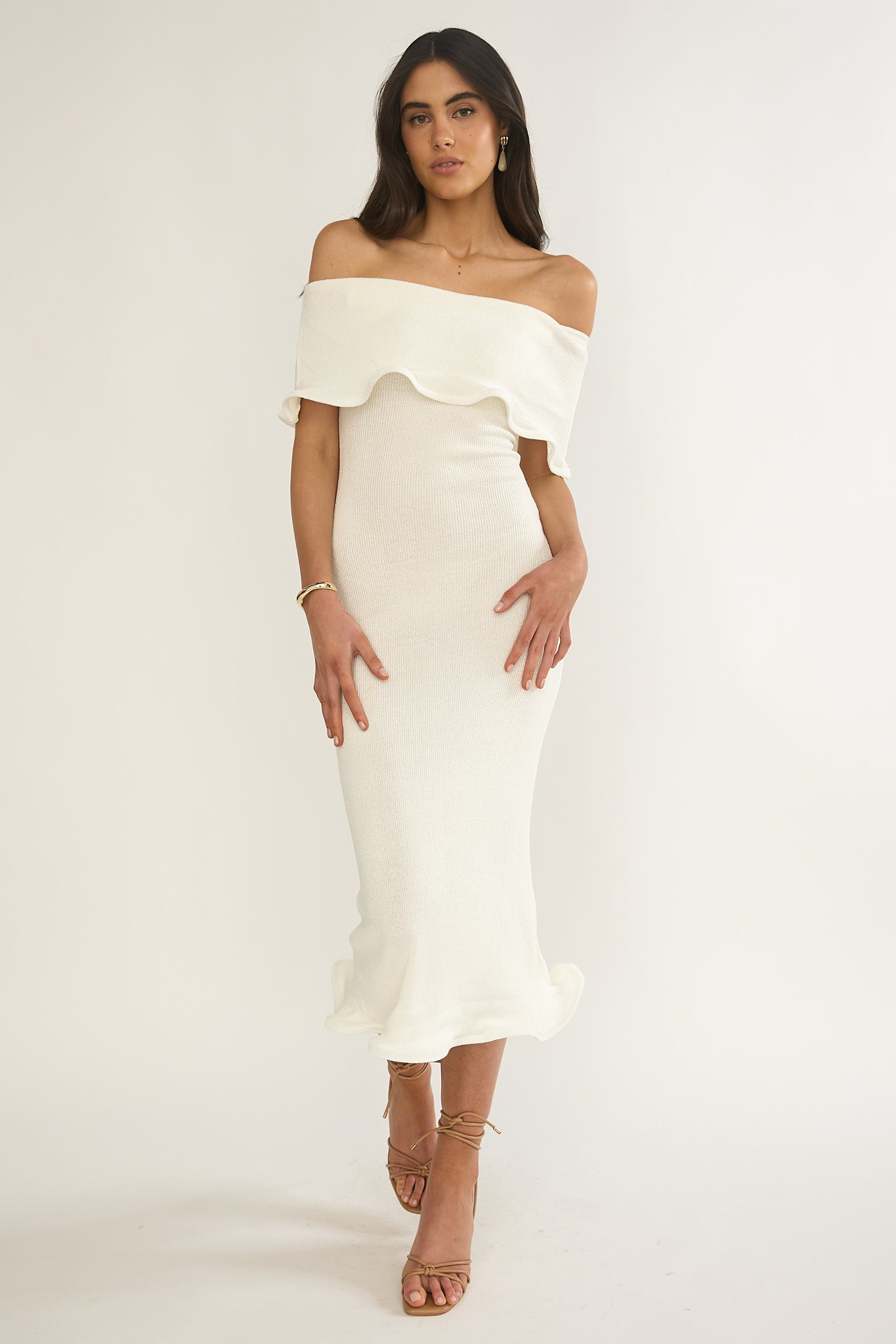 raie frill shoulder midi dress Rayna Off-Shoulder Midi Dress Ivory