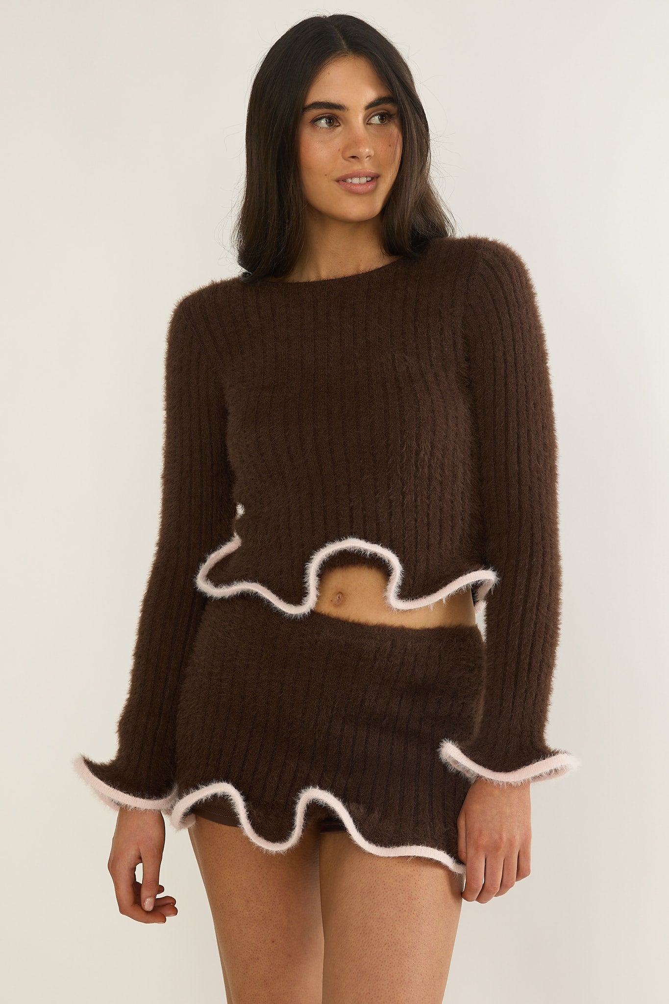Pailin Lettuce Edge Knit Skort Brown by Selfie Leslie