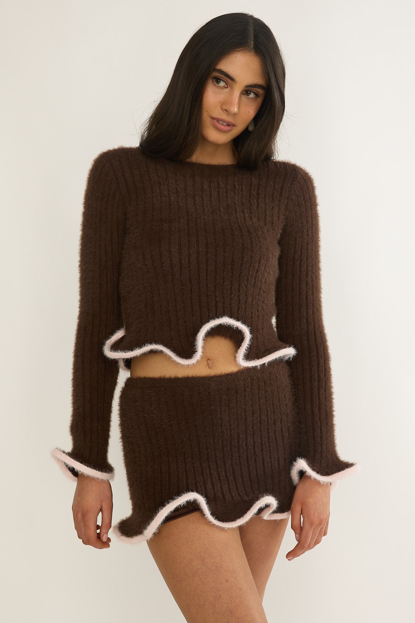 Pailin Lettuce Edge Knit Skort Brown by Selfie Leslie
