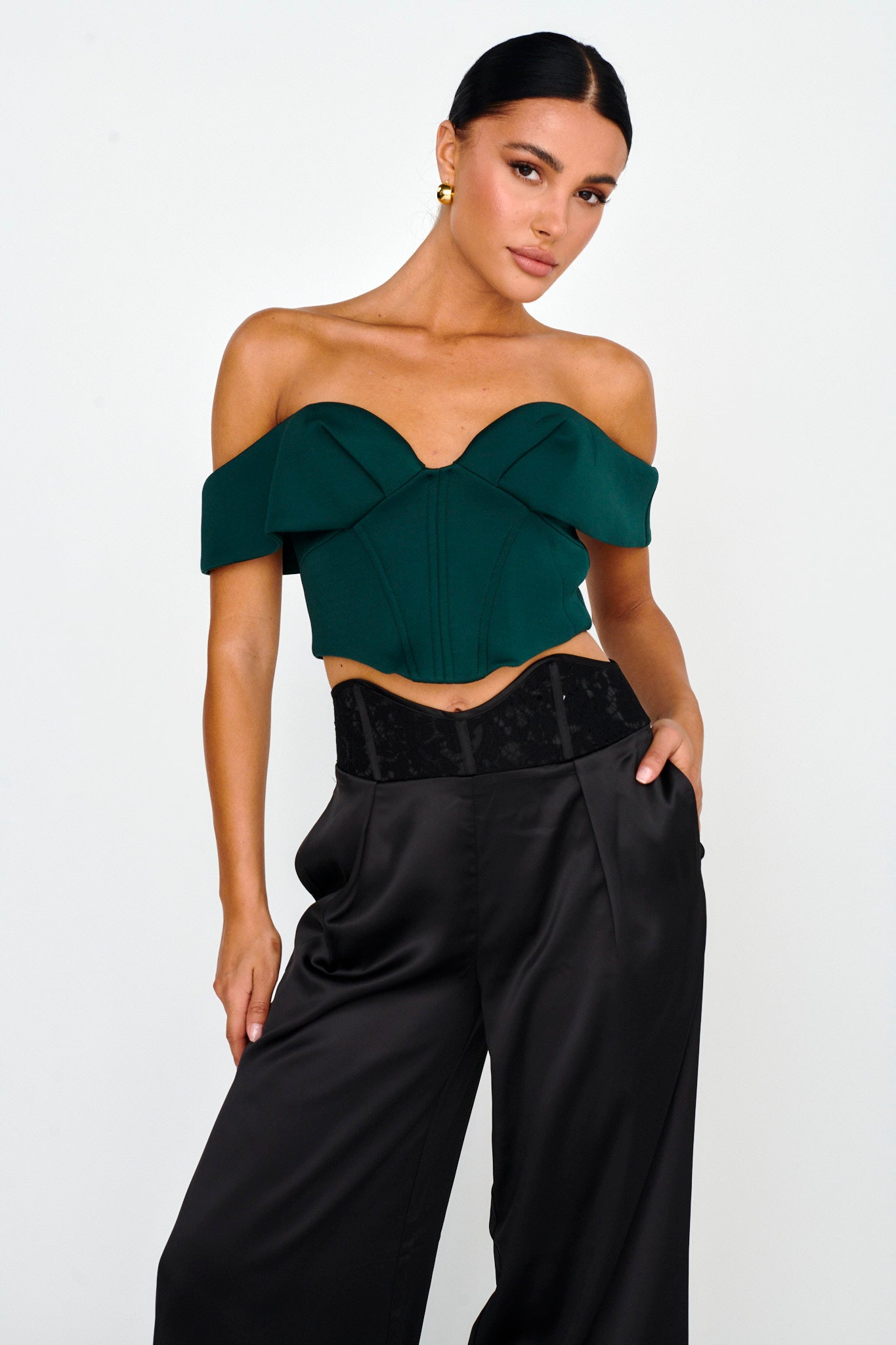 Tenicka Off-Shoulder Crop Top Hunter by Selfie Leslie